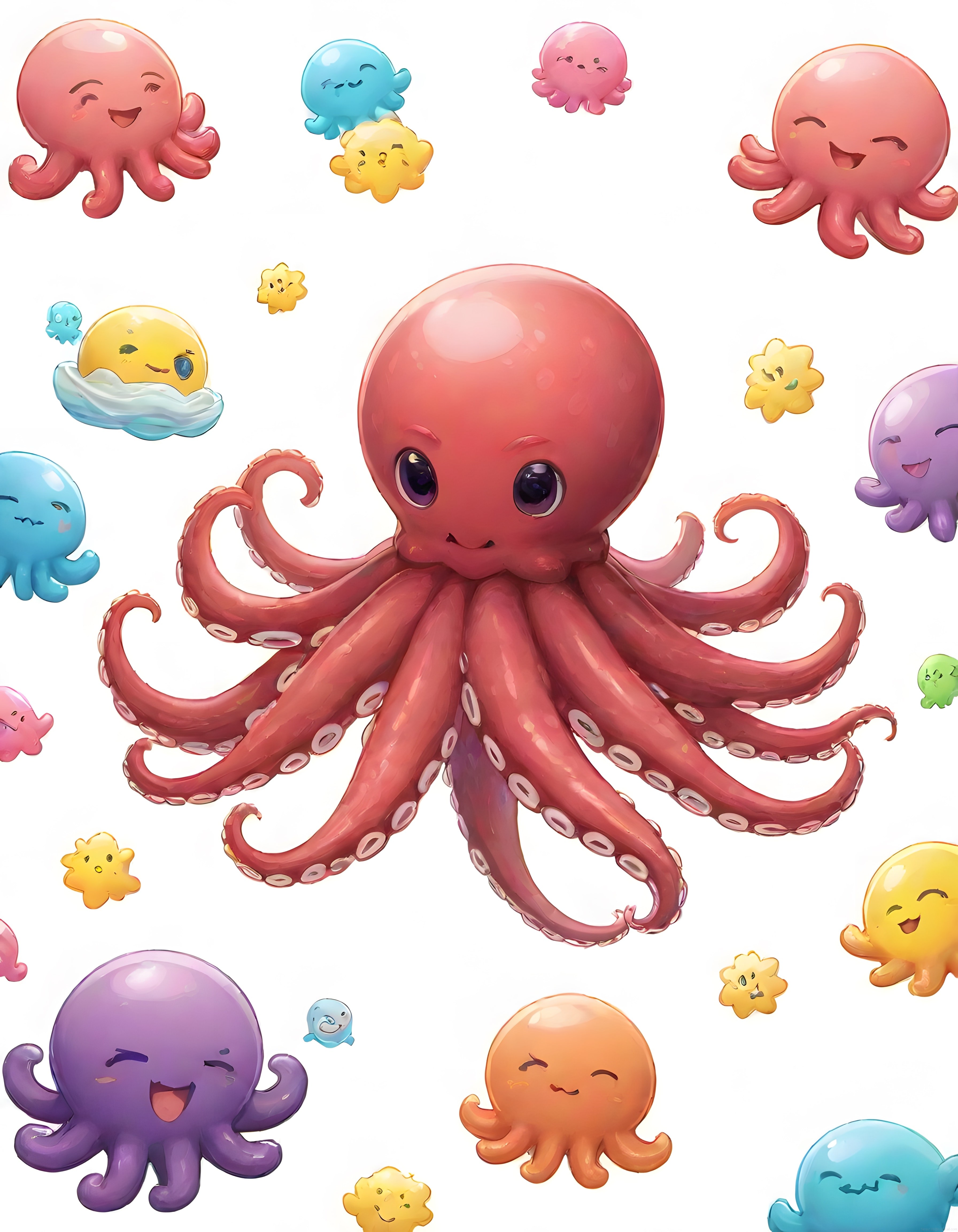 Pembe Ahtapot ve Sevimli Arkadaşları: Renkli Kawaii Deniz Dünyası İllüstrasyonu