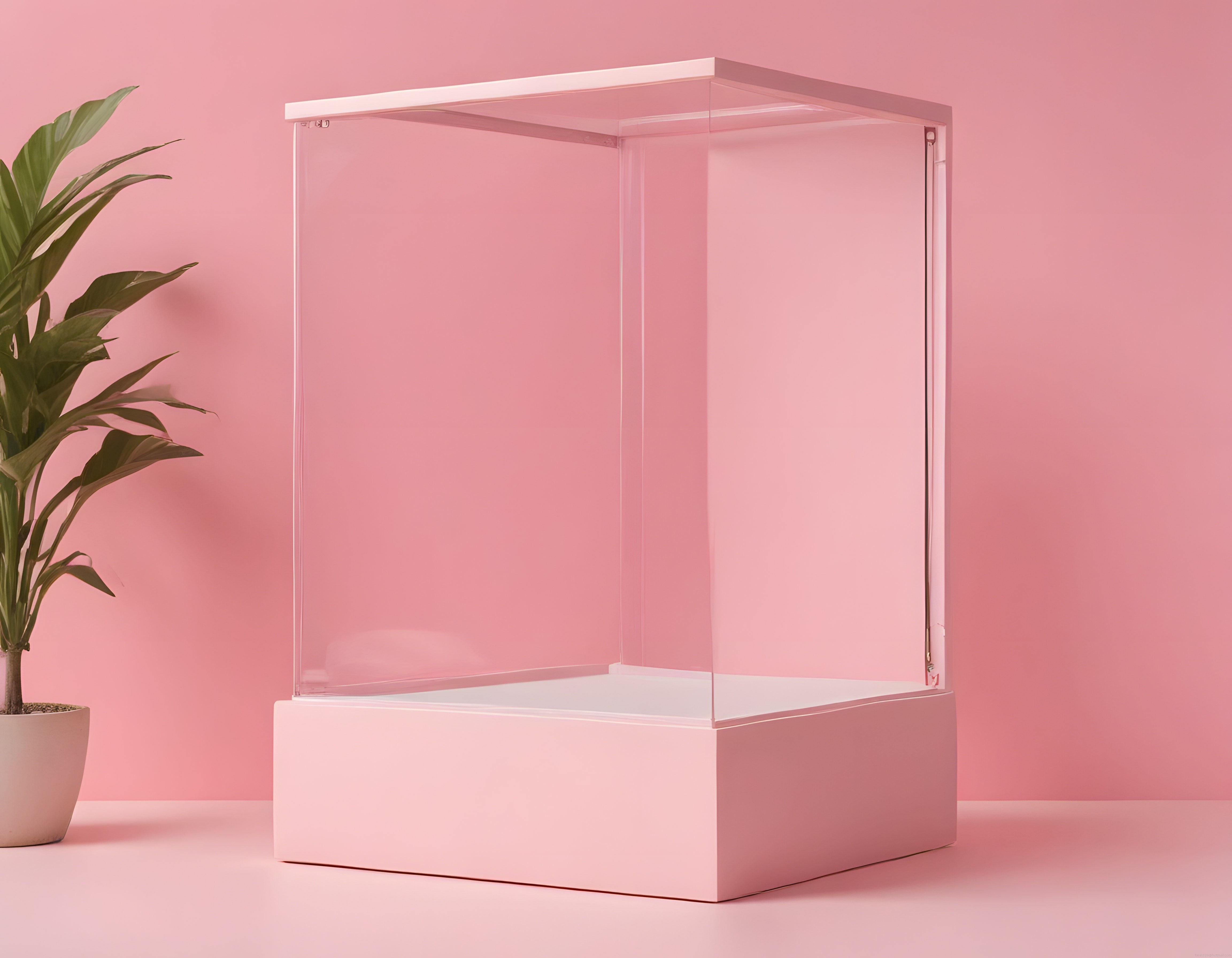 Pembe arka plan önünde şık modern cam vitrin ve saksıdaki yeşil bitki