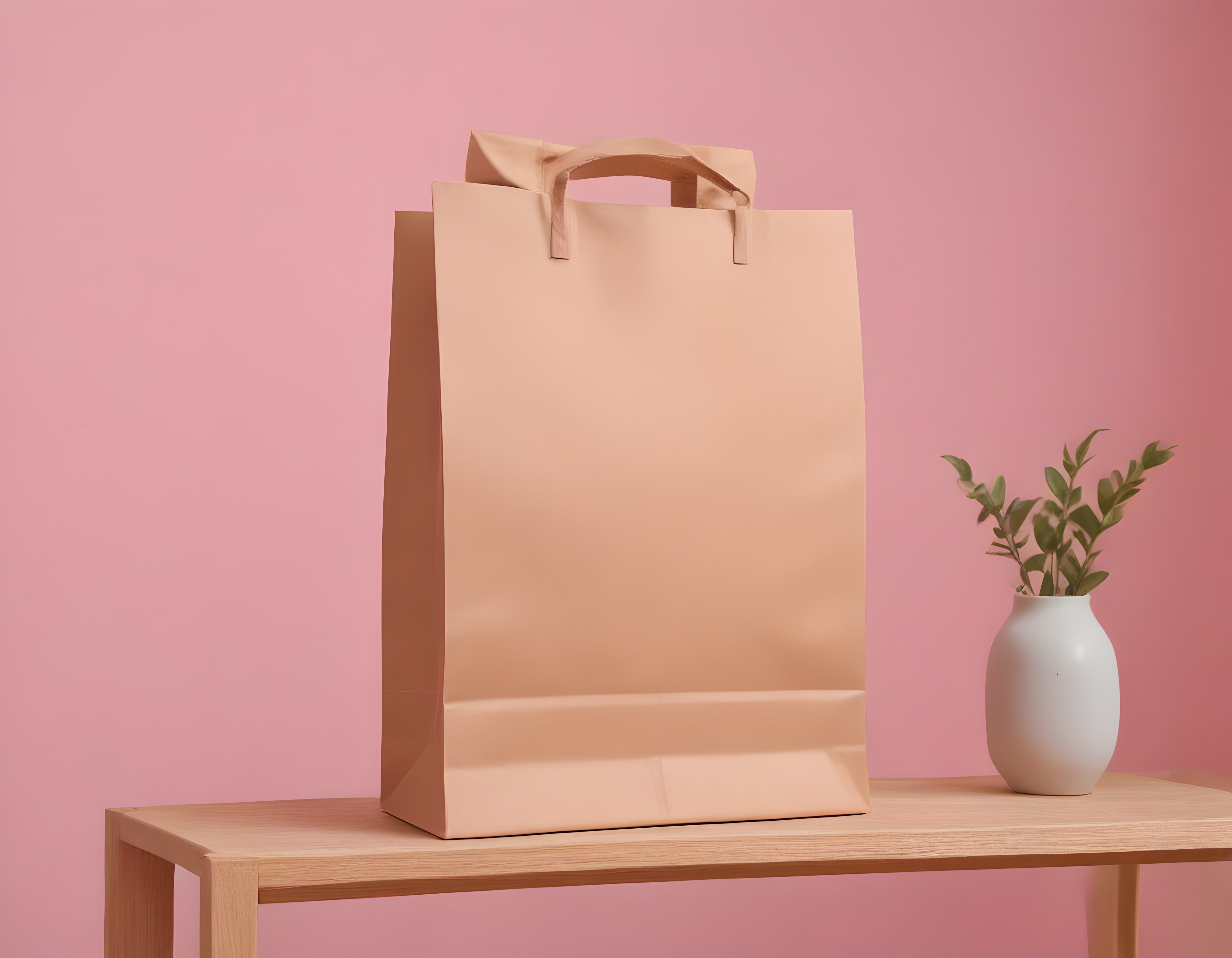 Pembe Arka Planda Ahşap Masada Kraft Kağıt Torba ve Minimal Vazo Dekoru