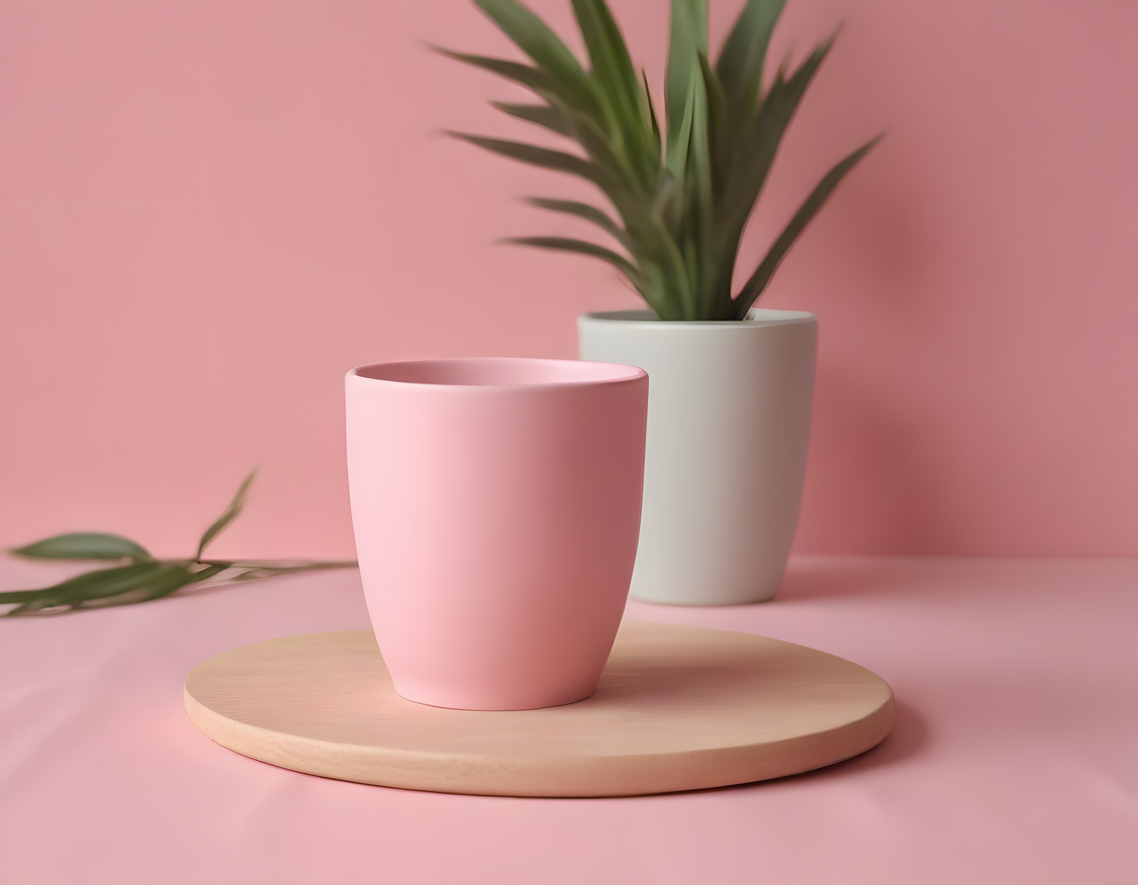 Pembe Arka Planda Ahşap Stand Üzerinde Minimalist Seramik Kup ve Bitki