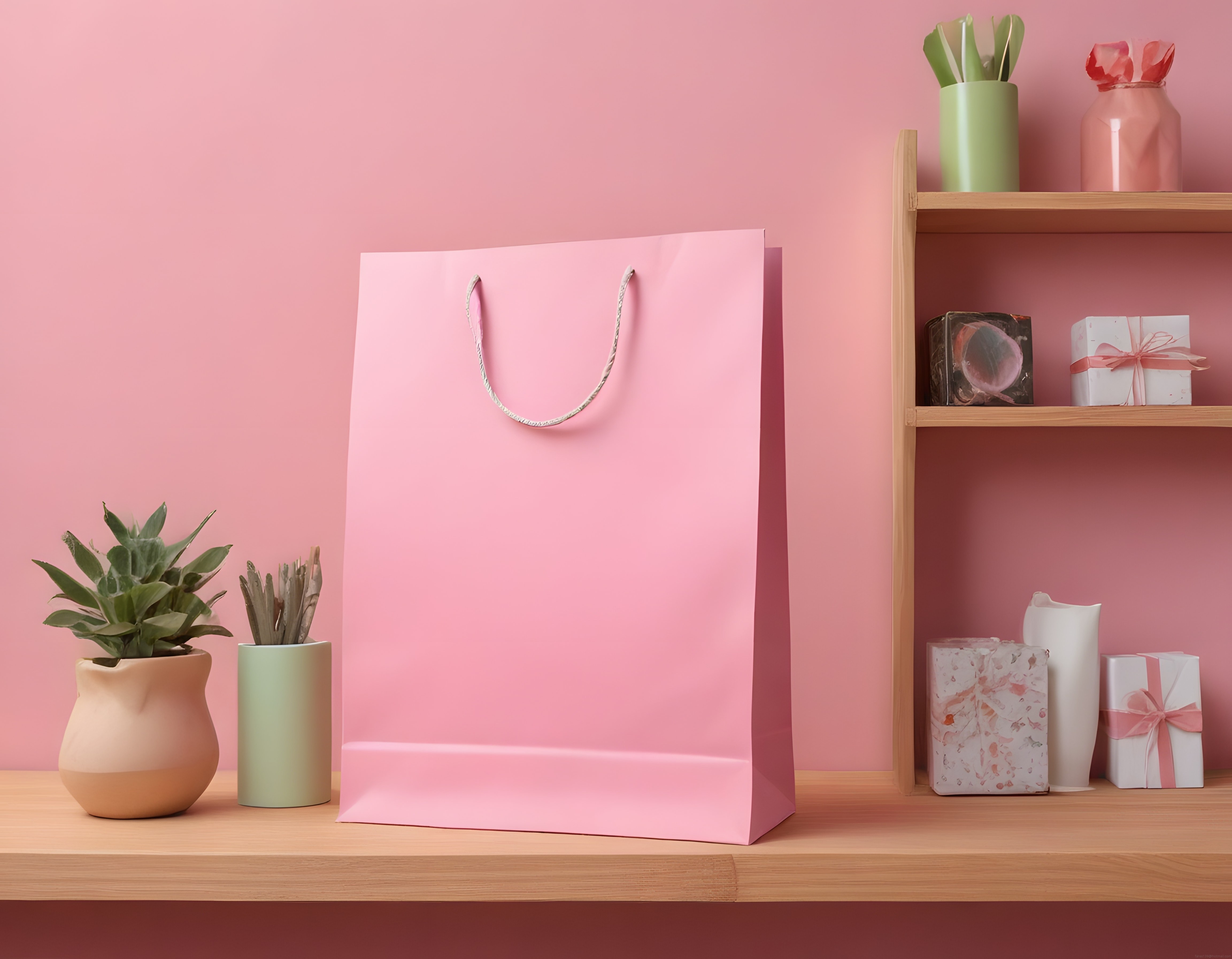 Pembe Arka Planda Alışveriş Çantası ve Dekoratif Obje ile Minimal Ürün Sunumu
