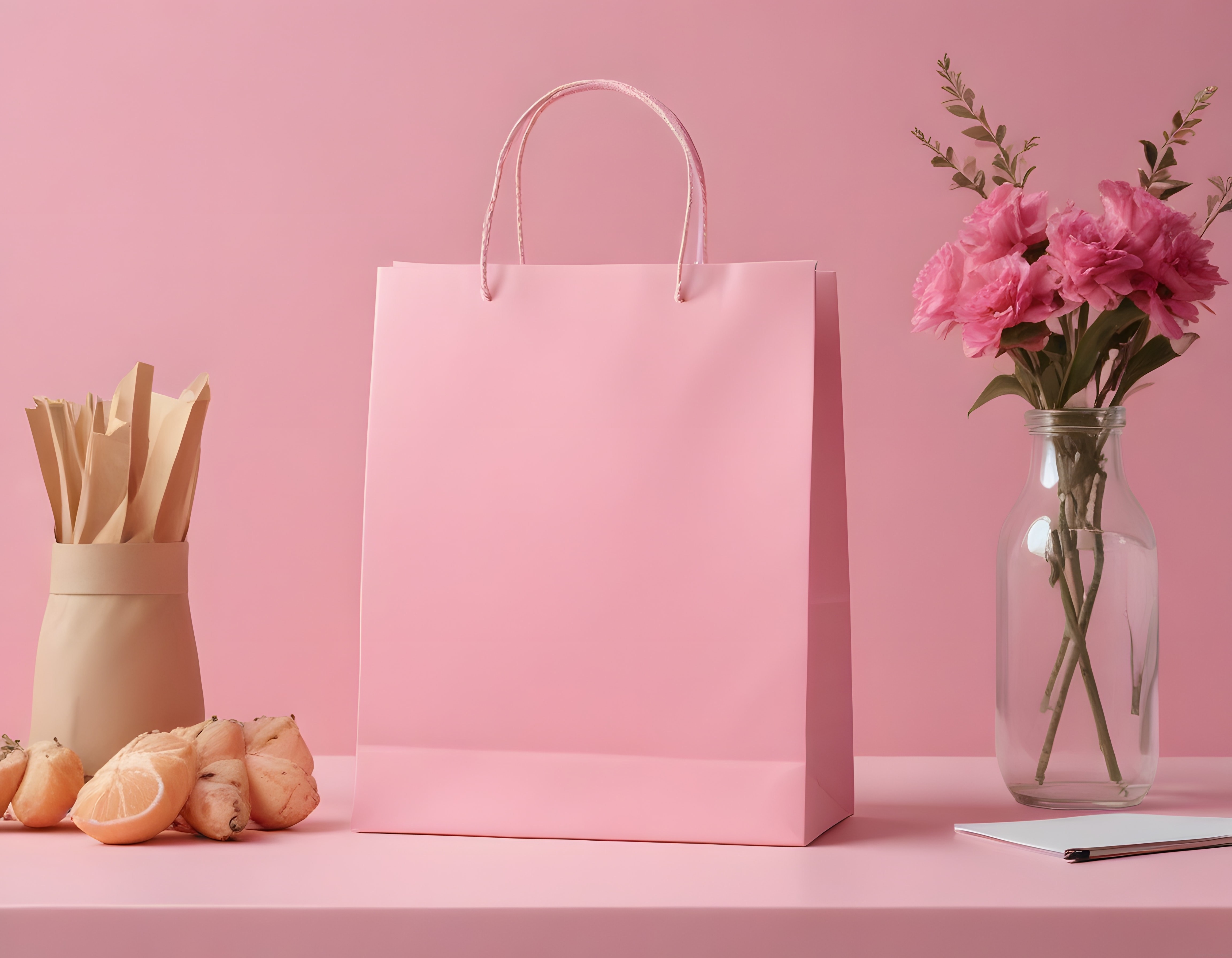 Pembe Arka Planda Alışveriş Torbası ve Şakayık Çiçekleriyle Mockup
