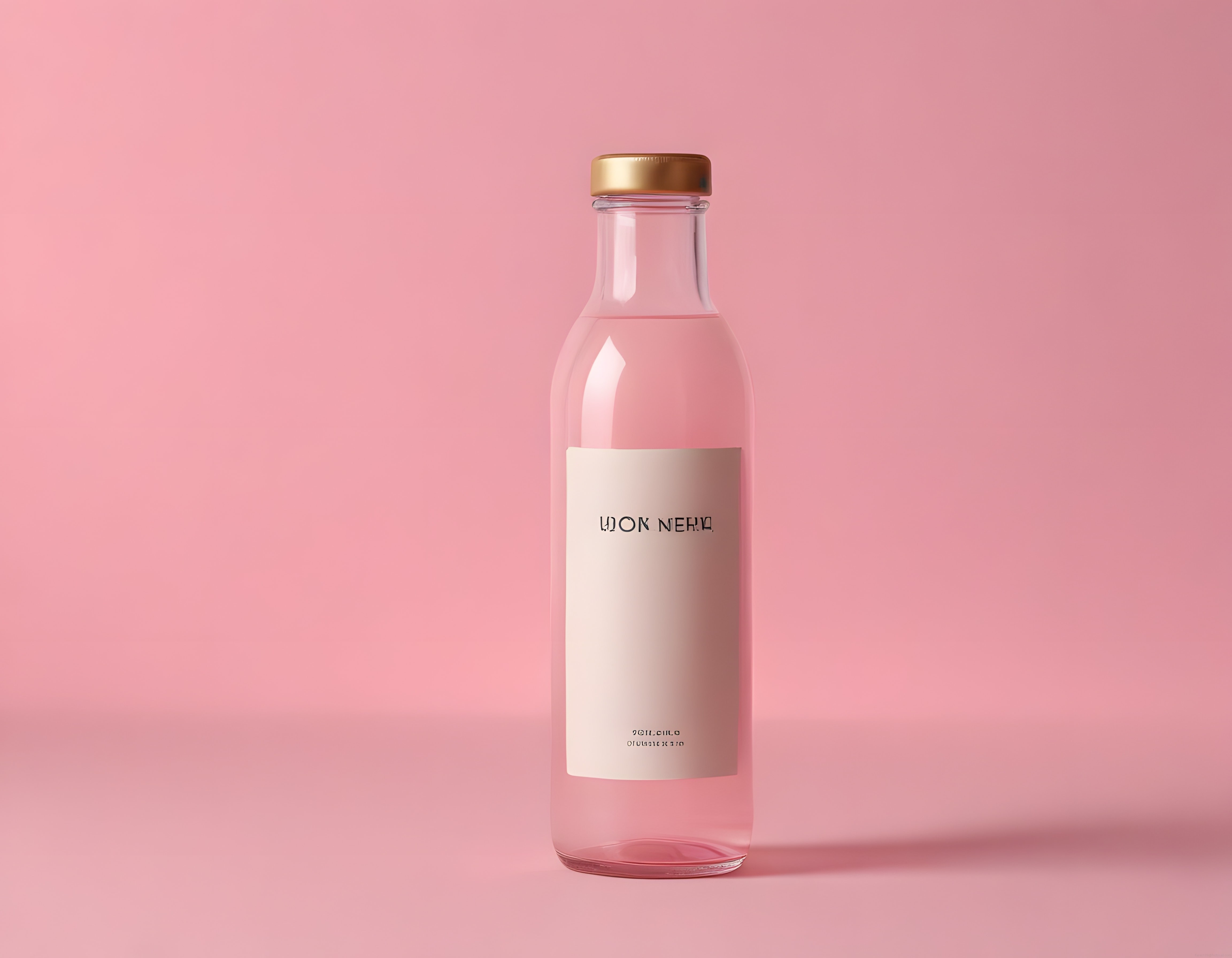 Pembe Arka Planda Altın Kapaklı Minimal Cam Şişe Ürün Fotoğrafı