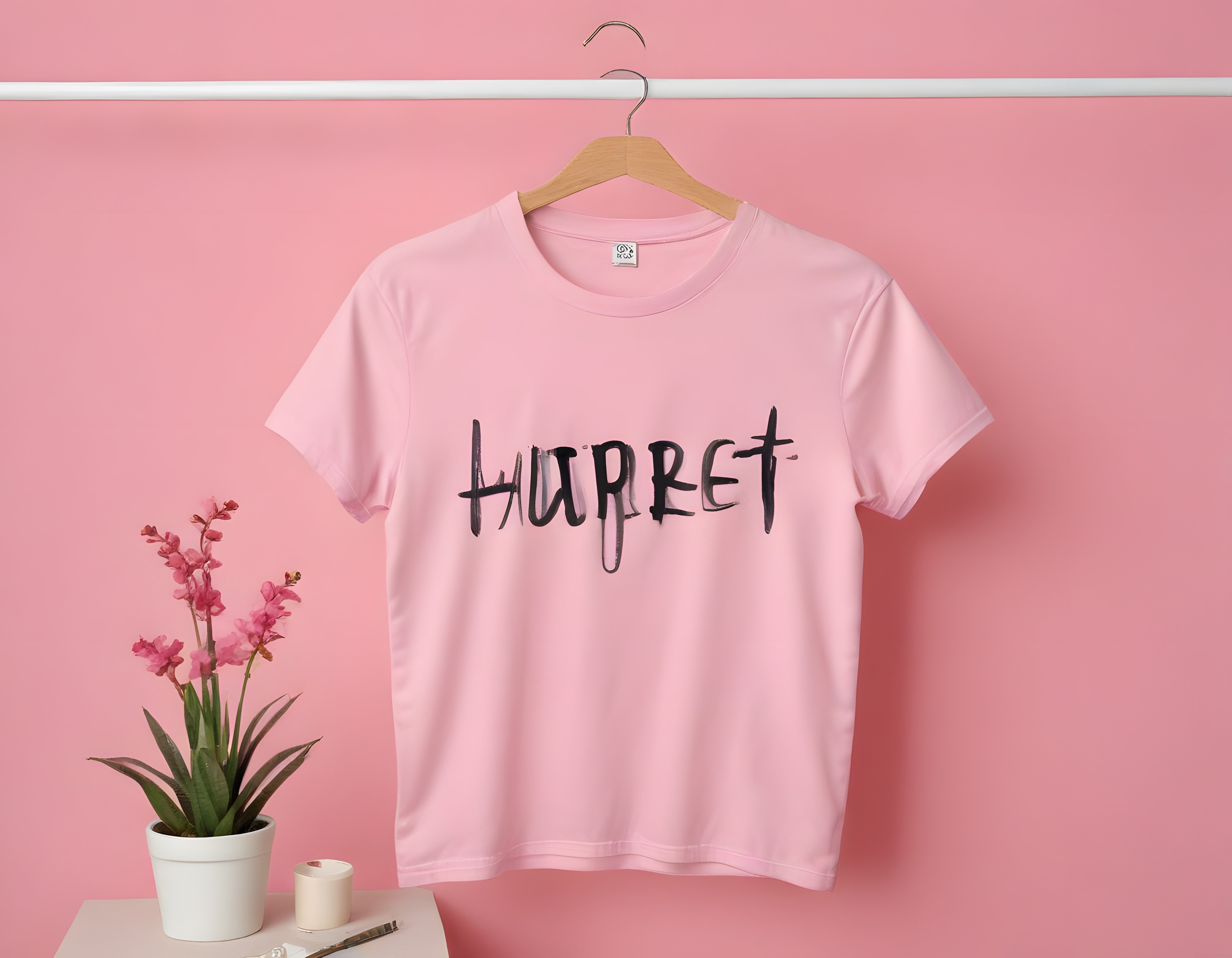 pembe arka planda asılı harriet baskılı kadın tişörtü ve minimal dekor pembe arka planda asılı harriet baskılı kadın tişörtü ve minimal dekor