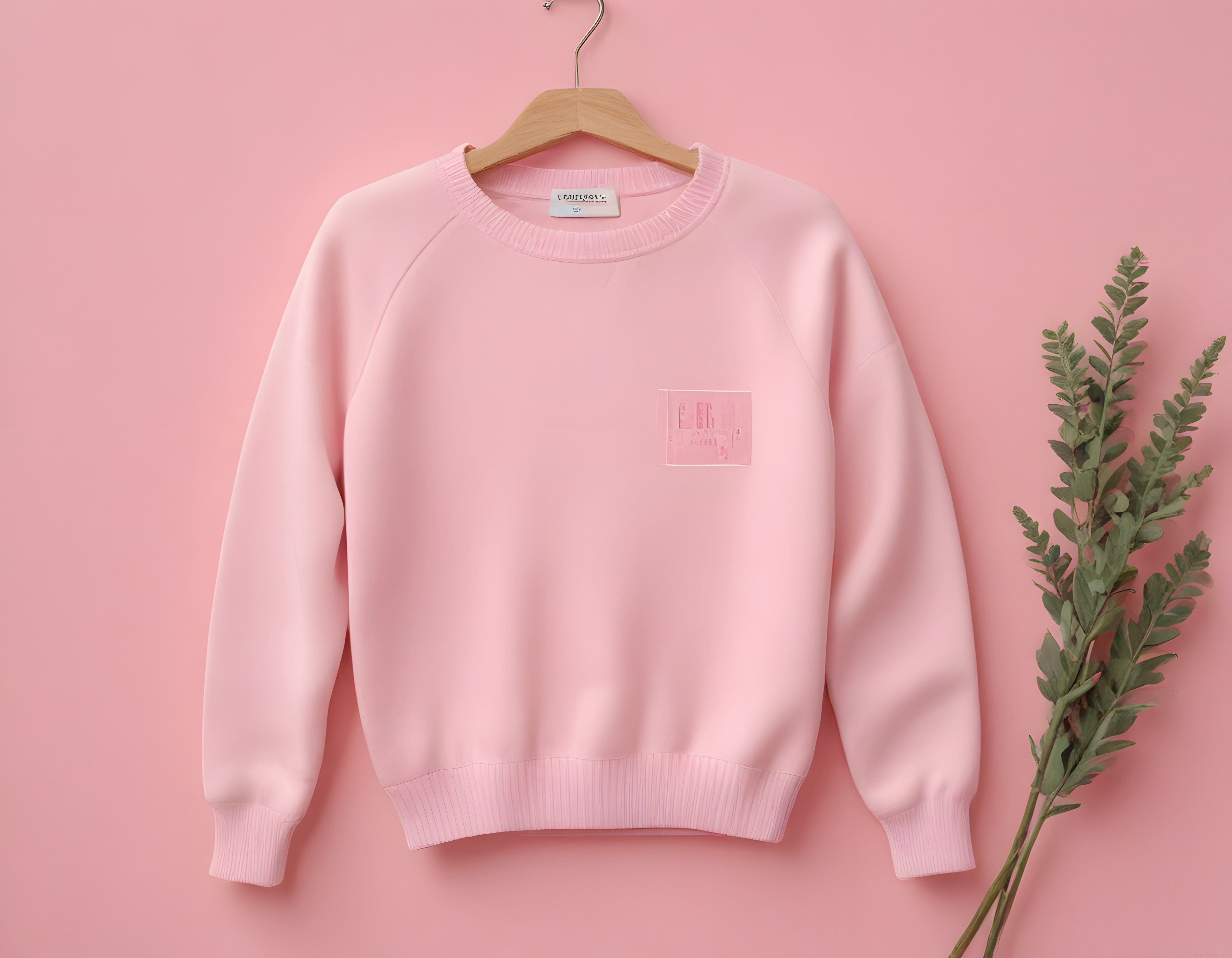 Pembe arka planda askıda duran minimalist pembe sweatshirt ve yeşil yaprak detayı