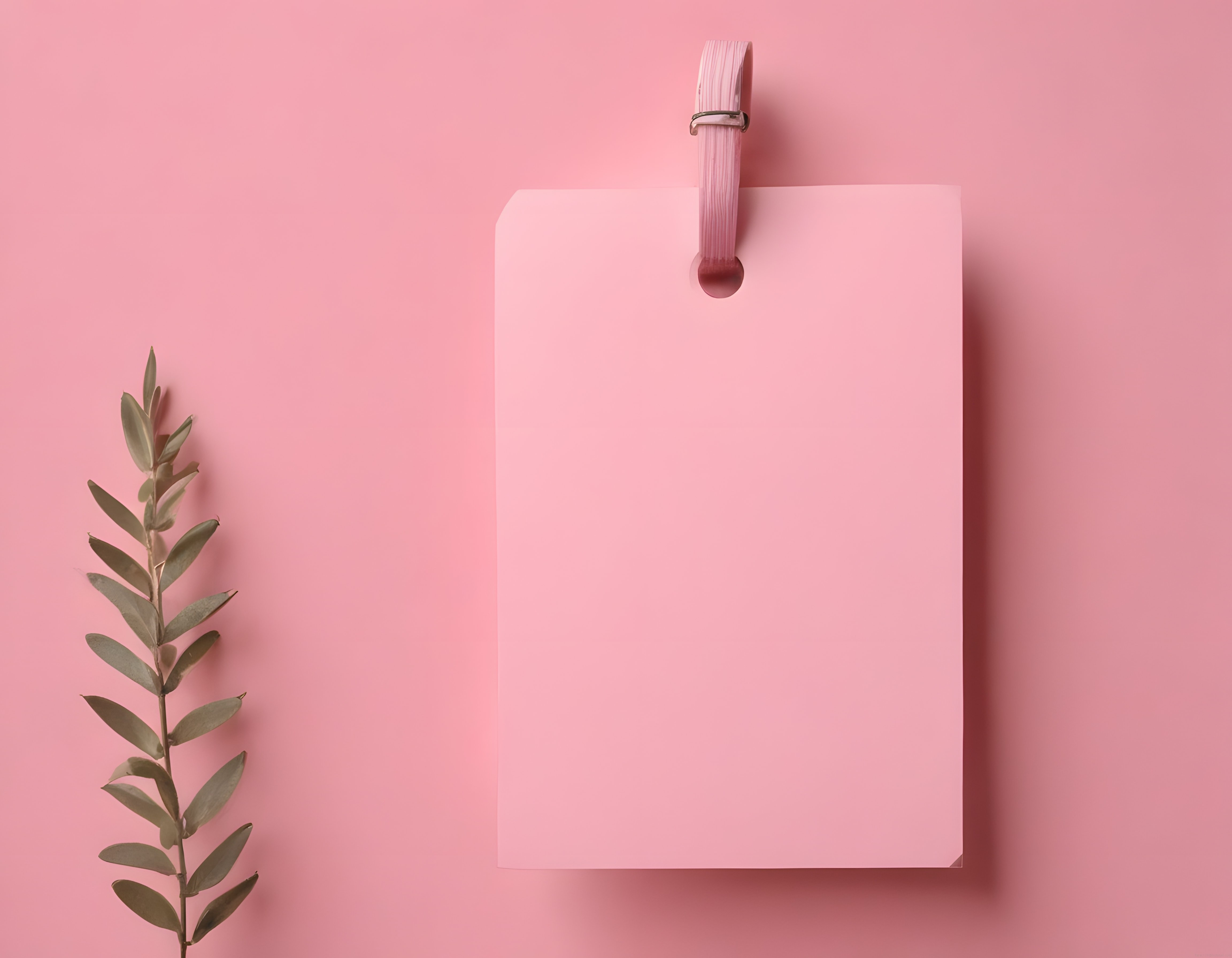 Pembe Arka Planda Askılı Boş Etiket ve Yeşil Yapraklı Minimal Tasarım