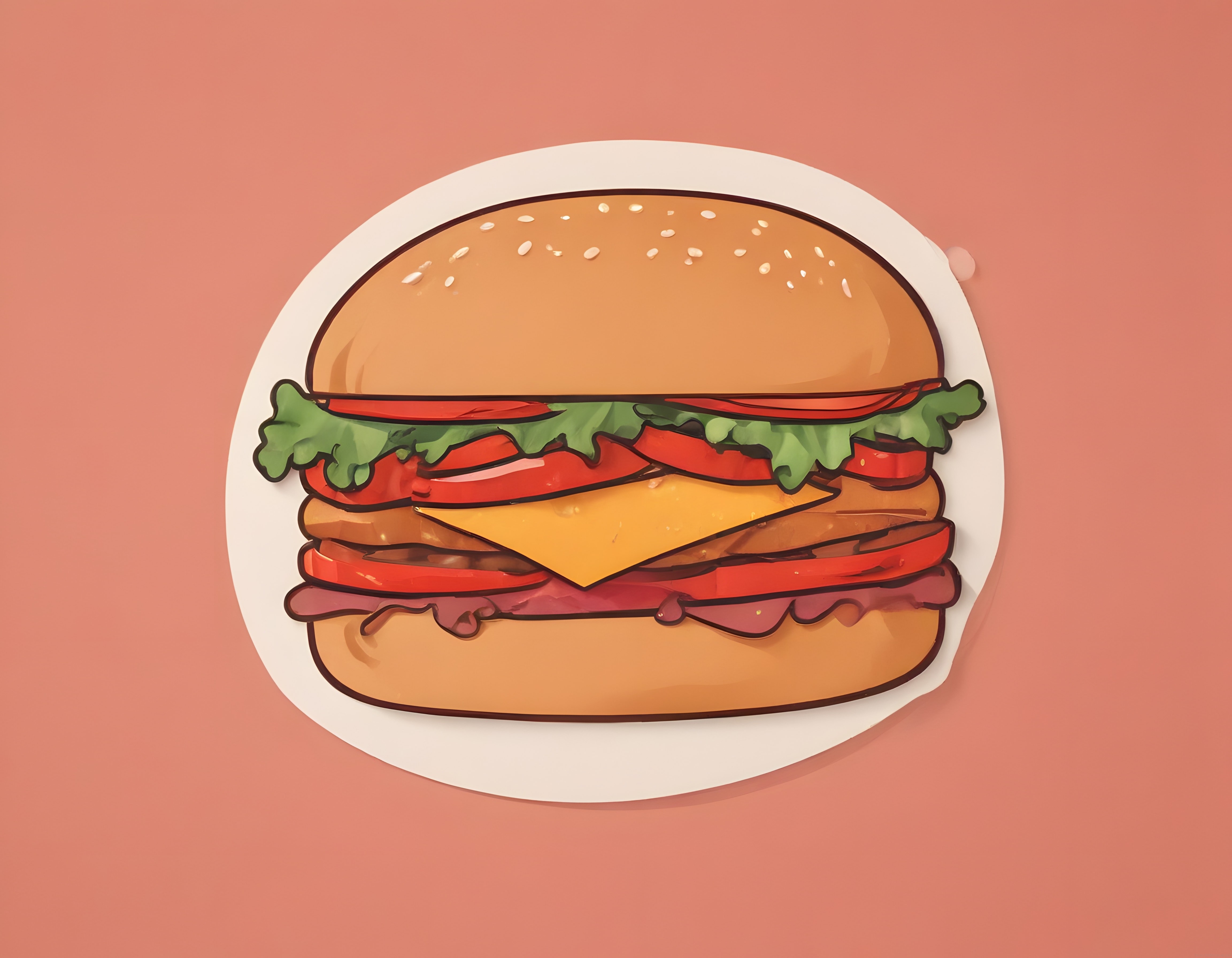 Pembe Arka Planda Beyaz Tabakta Susamlı Hamburger ve Katmanlı Lezzet Sunumu