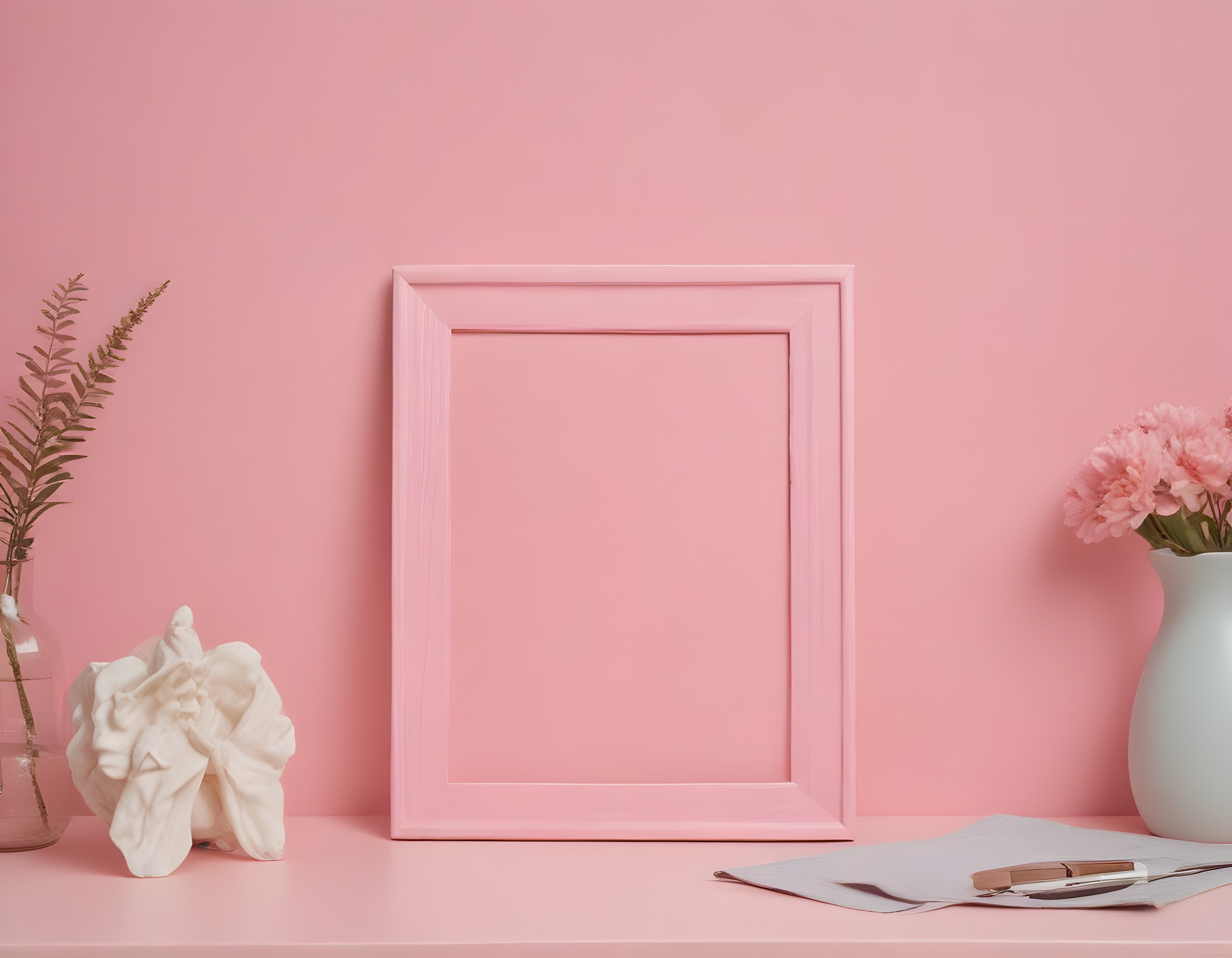 Pembe arka planda boş çerçeve ve çiçeklerle dekoratif masa düzeni