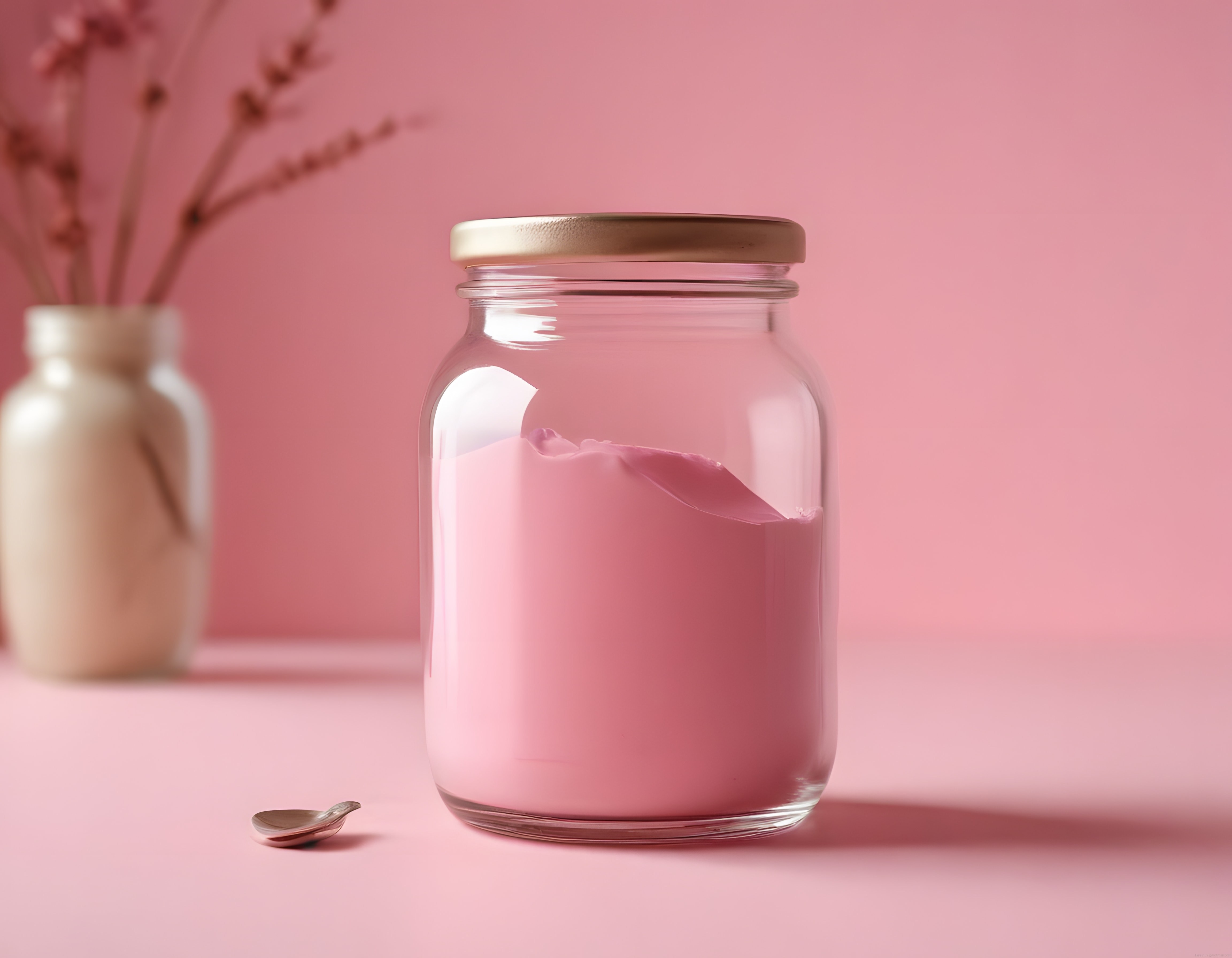 Pembe arka planda cam kavanozda pudra, altın kapak ve minimalist dekor