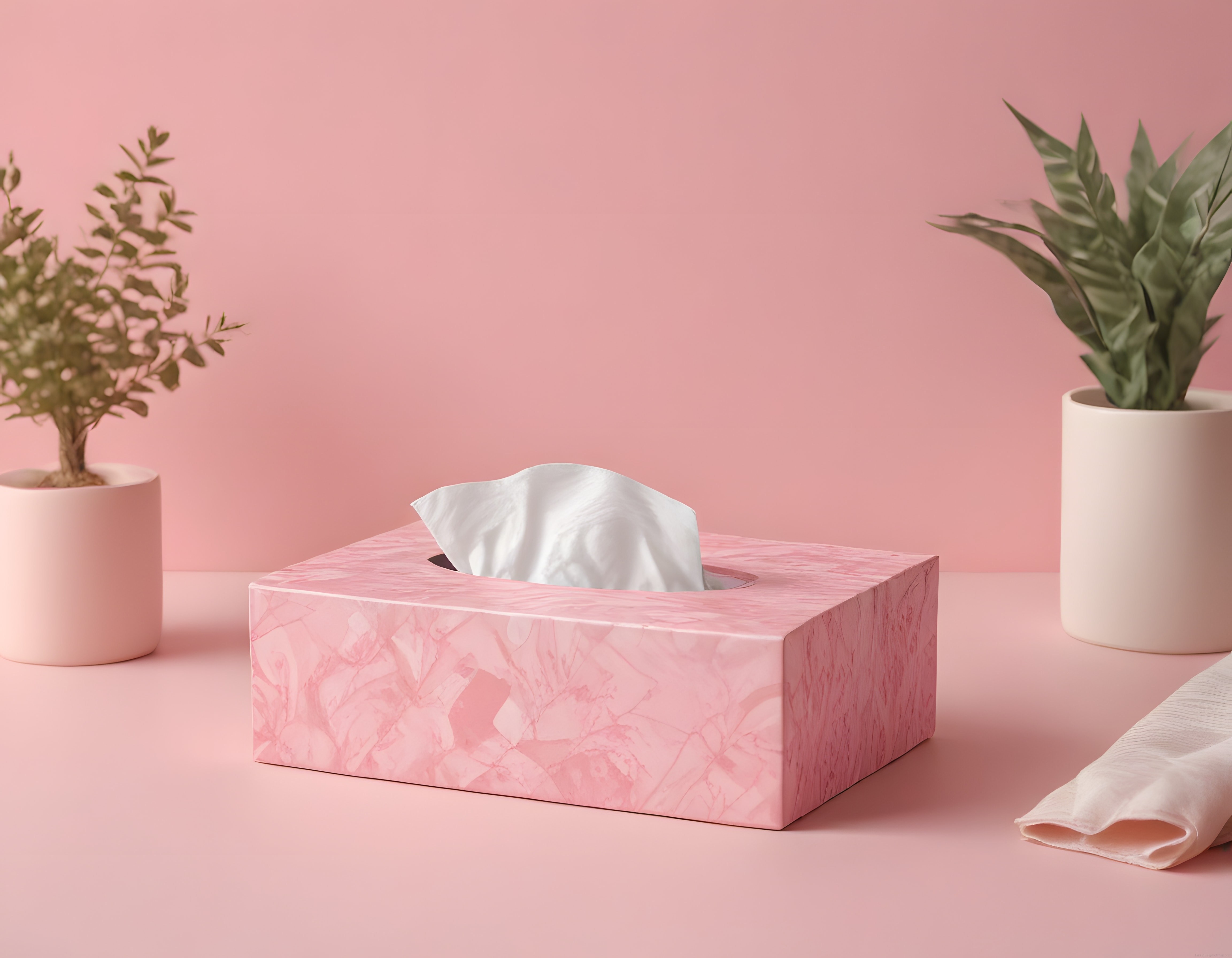Pembe Arka Planda Çiçek Desenli Kağıt Mendil Kutusu ve Dekoratif Yeşil Bitkiler