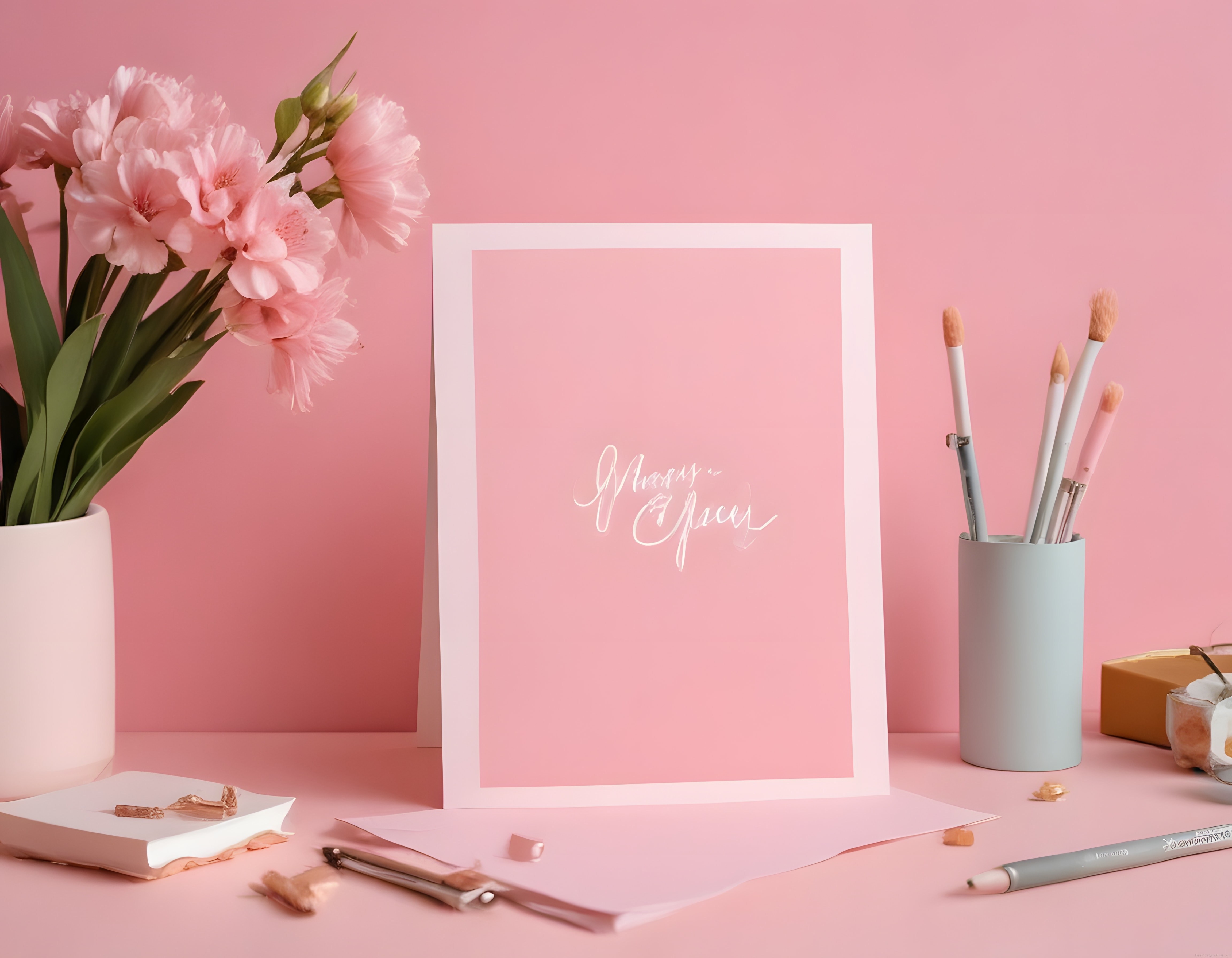 Pembe Arka Planda Çiçekler ve Makyaj Fırçalarıyla Romantik Masa Düzeni