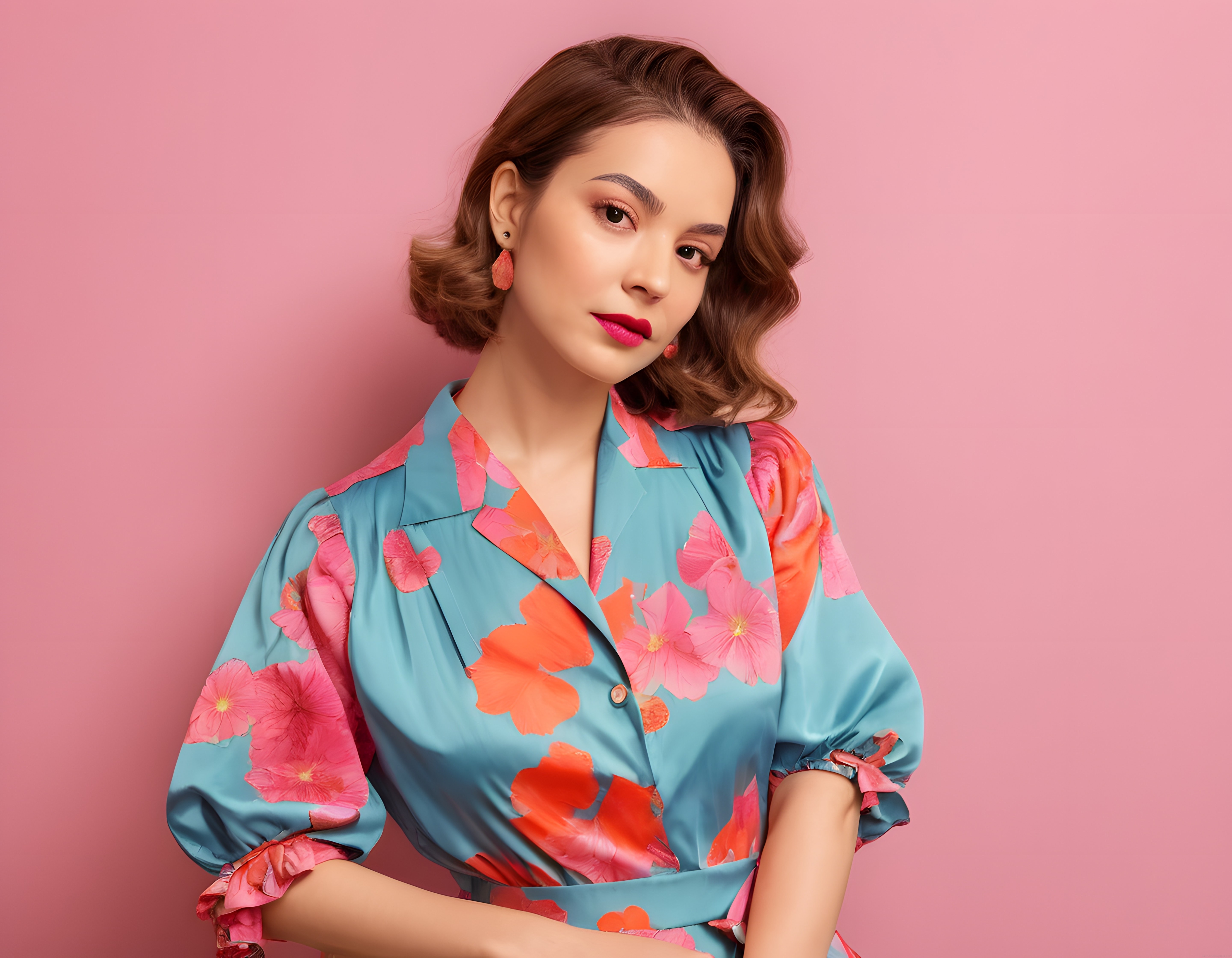 Pembe Arka Planda Çiçekli Turkuaz Elbiseli Kadın Moda Portresi
