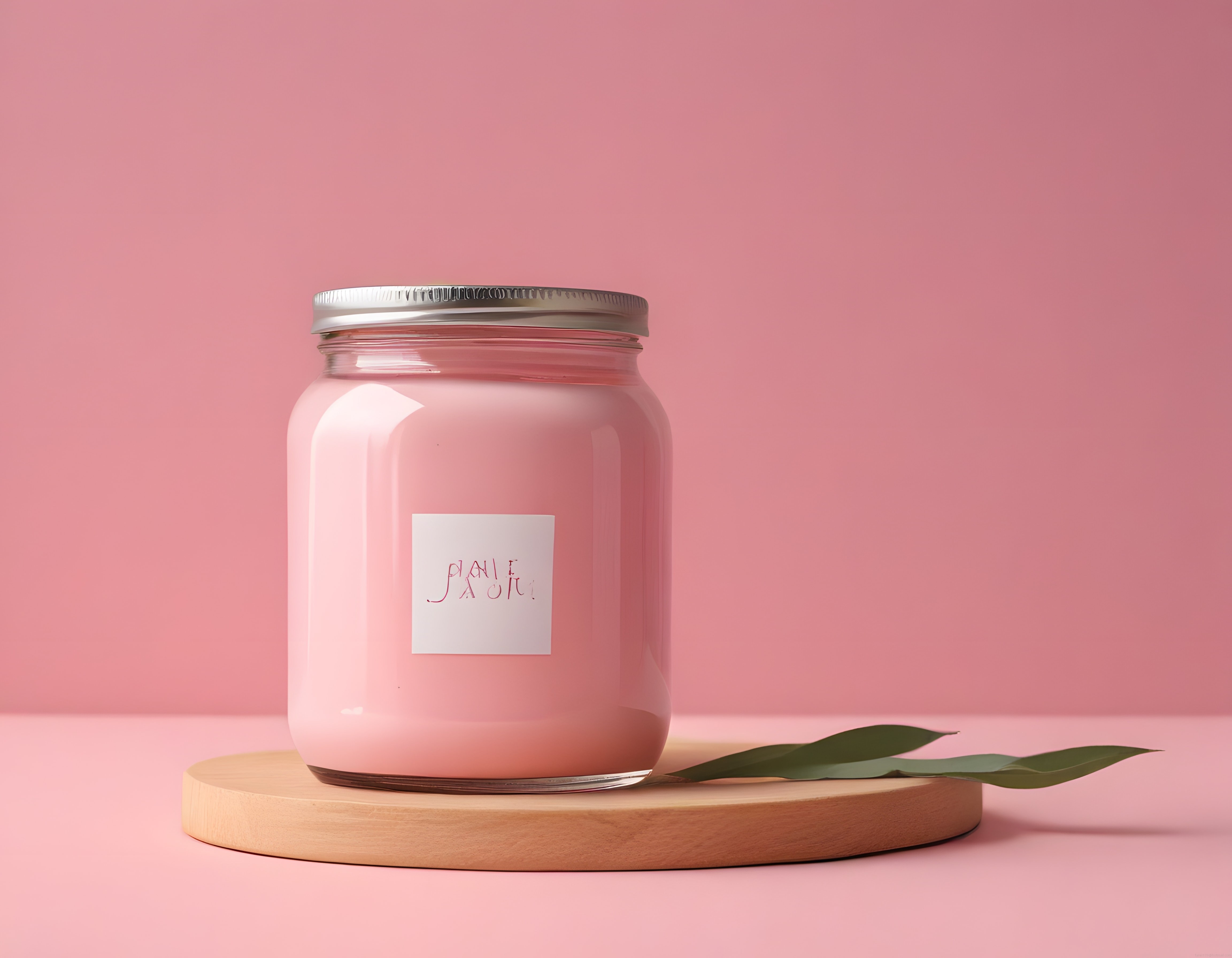 Pembe Arka Planda Estetik Ürün Çekimi: Pale Juicy Kavanoz ve Ahşap Stand Detayı