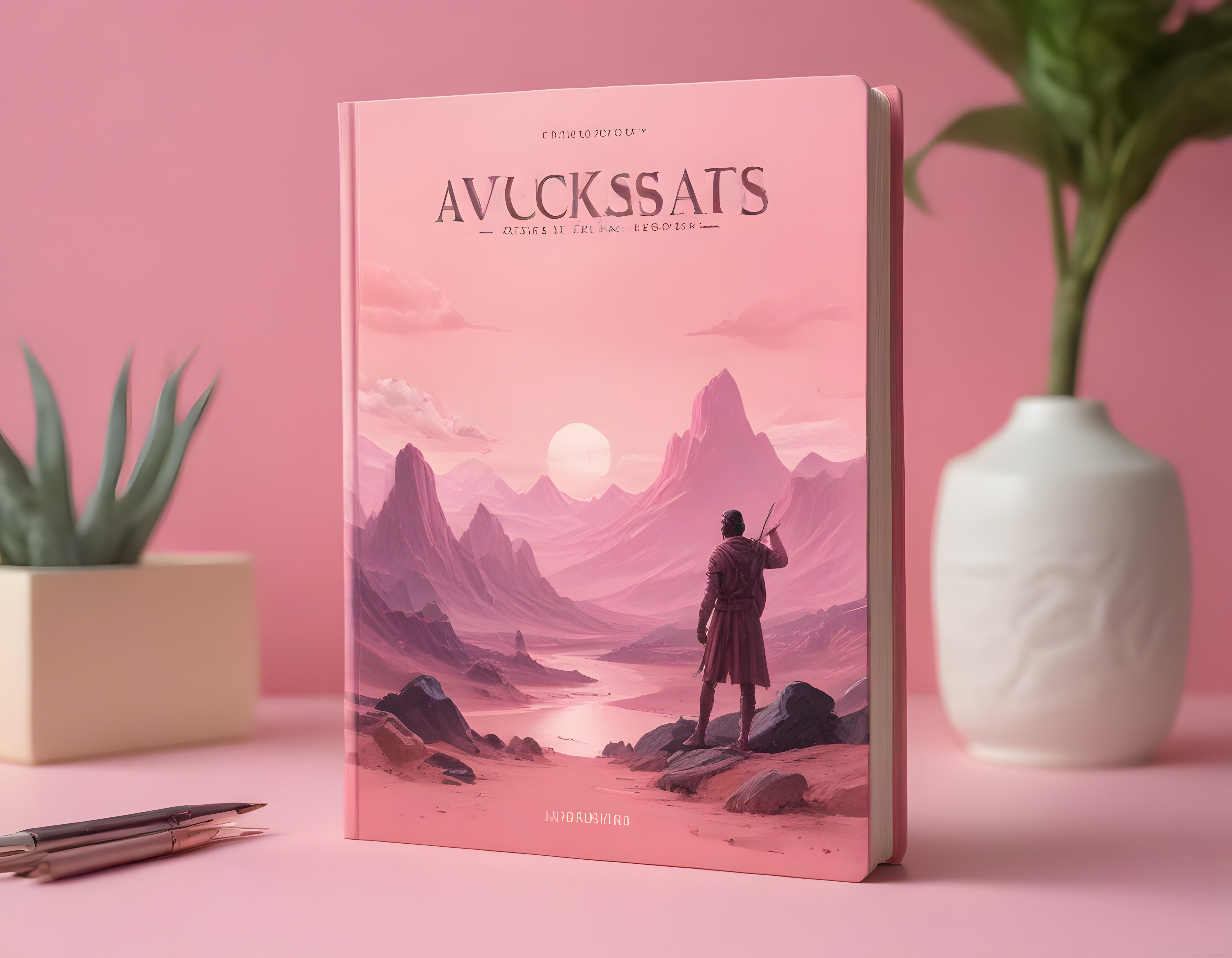 Pembe arka planda fantastik kitap kapağı ve yalnız gezgin illüstrasyonu