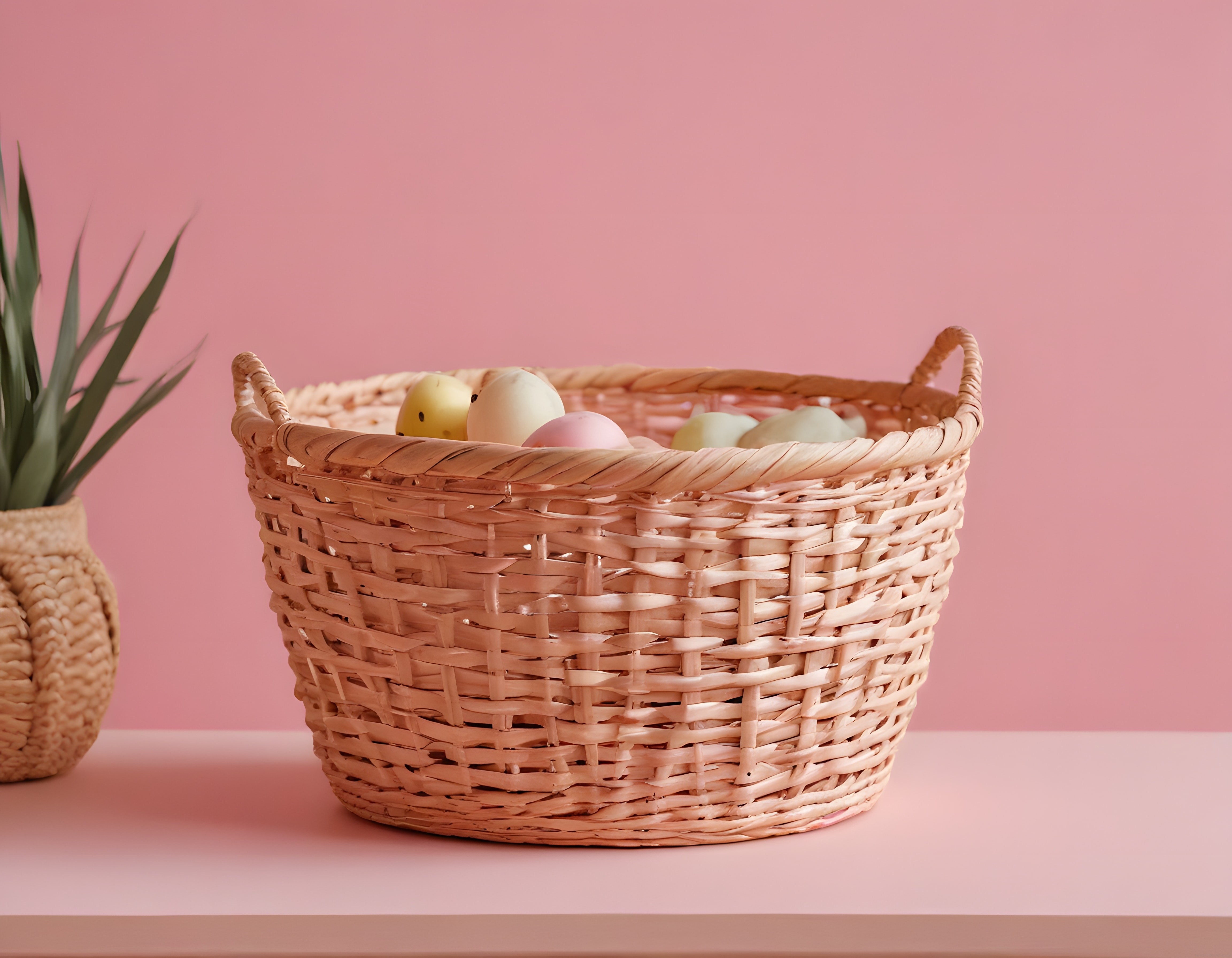 Pembe Arka Planda Hasır Sepet ve Pastel Paskalya Yumurtaları Dekorasyonu