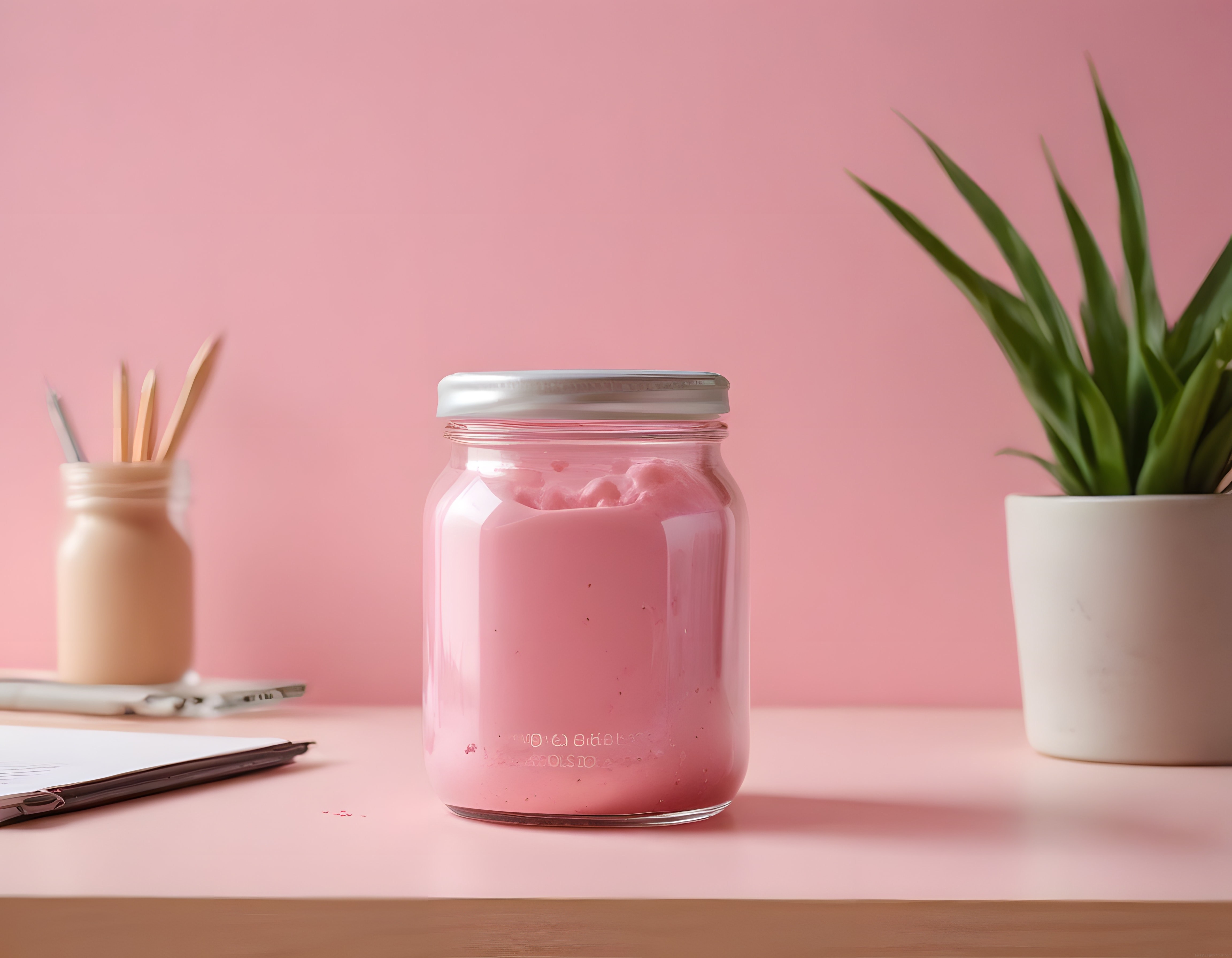 Pembe Arka Planda Kavanozda Sağlıklı İçecek ve Ofis Masası Konsepti