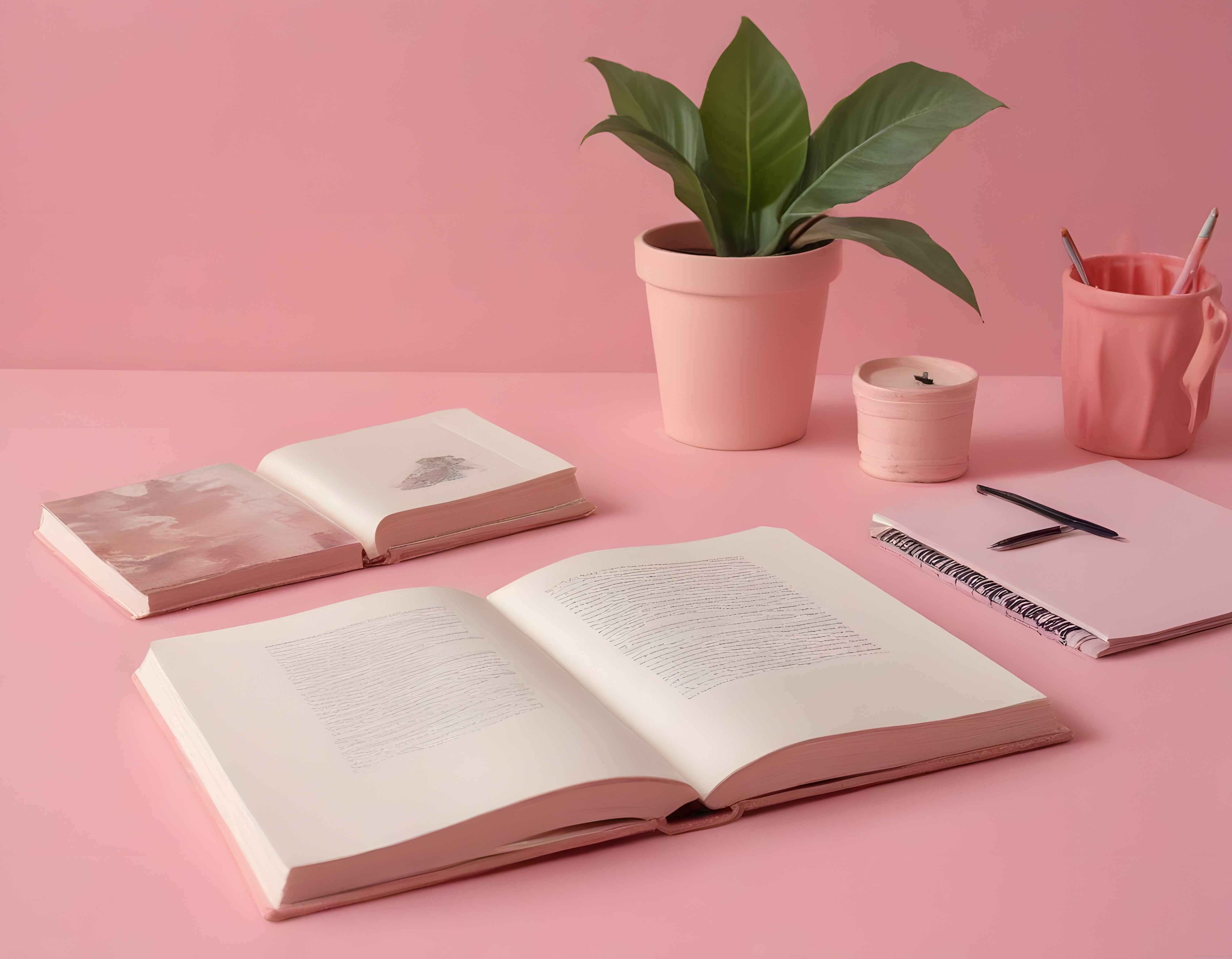 Pembe Arka Planda Kitaplar ve Bitki ile Sıcak Bir Çalışma Köşesi