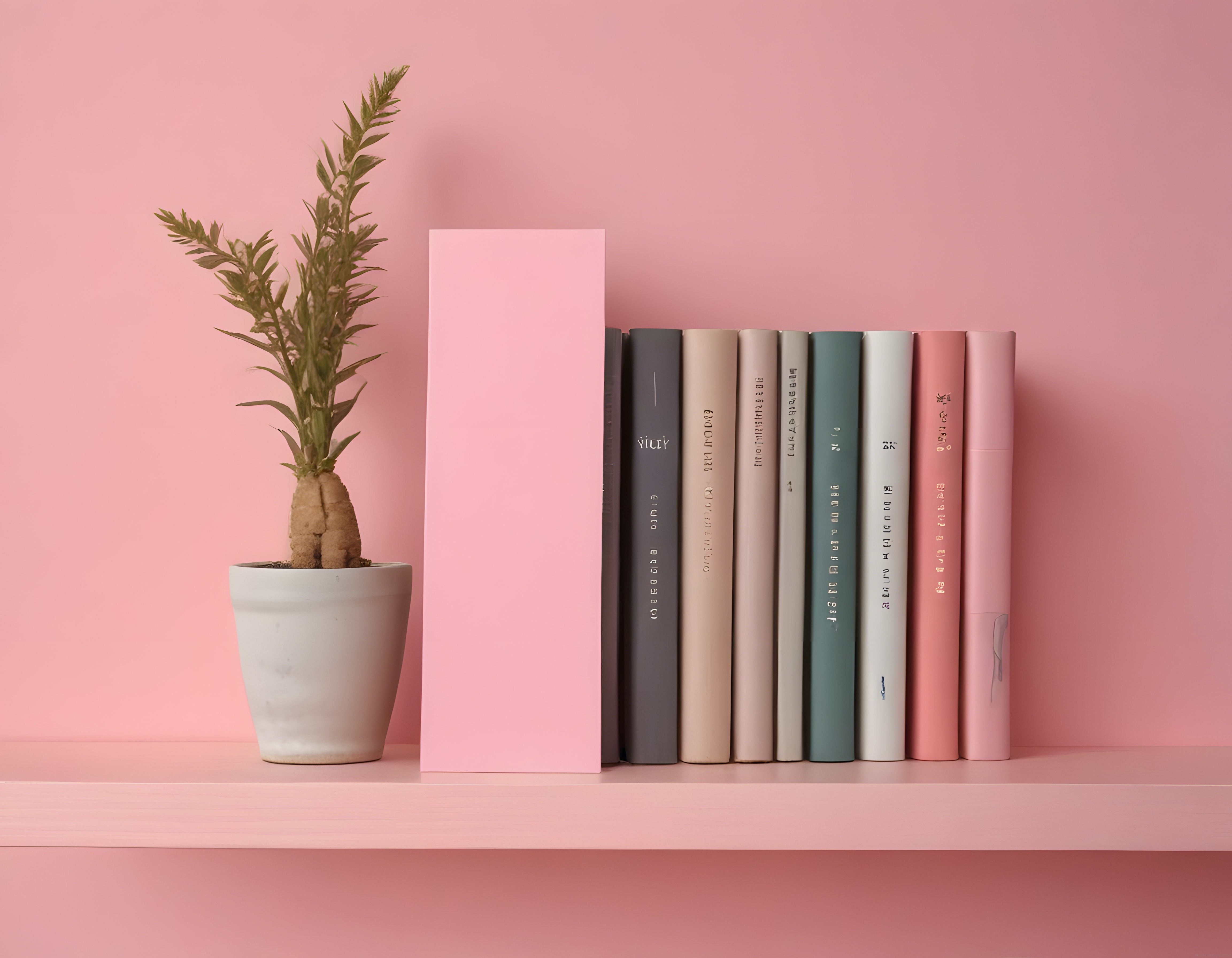 Pembe Arka Planda Kitaplık Dekorasyonu ve Saksı Bitkisi ile Minimalist Stil