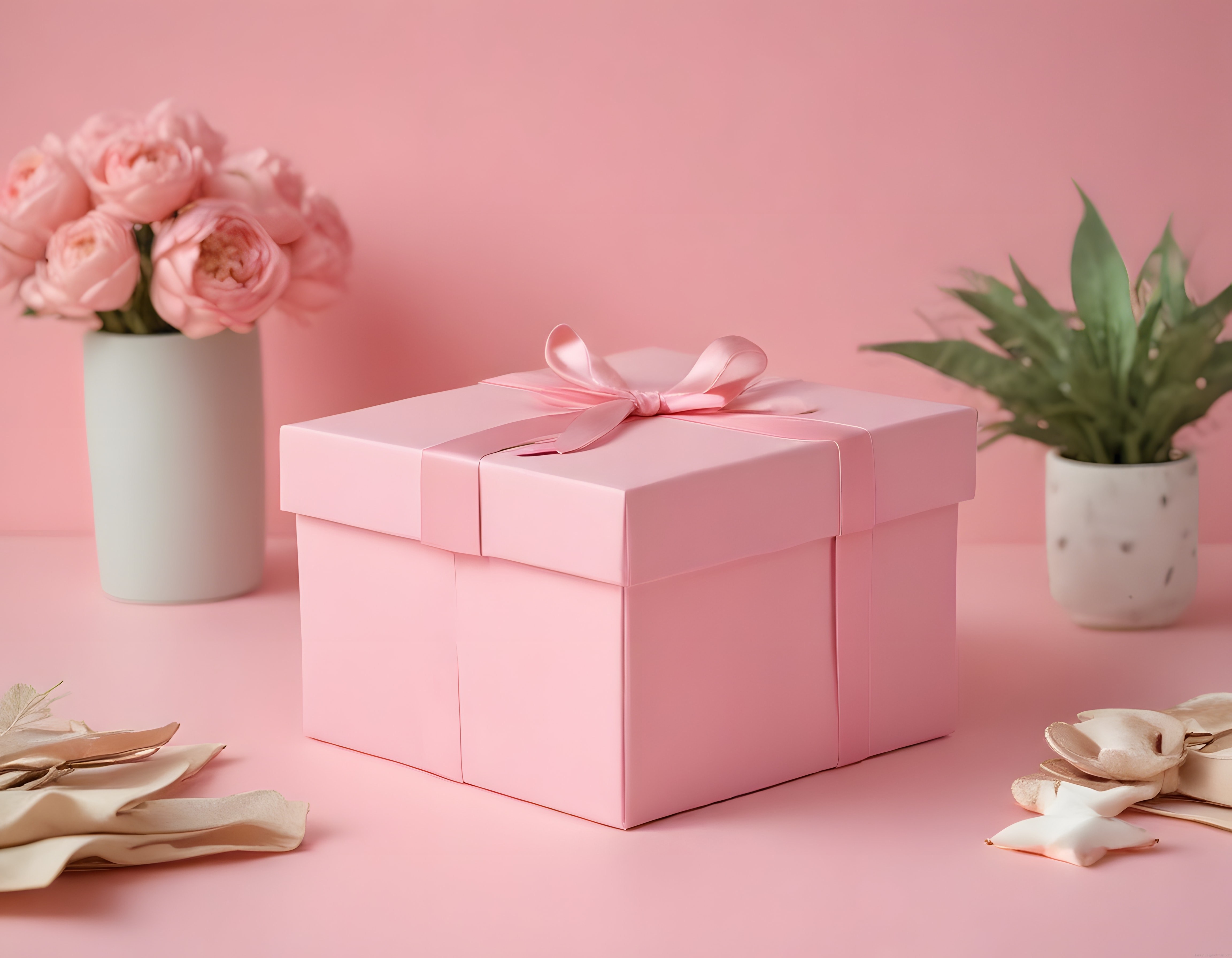 Pembe Arka Planda Kurdeleli Hediye Kutusu ve Dekoratif Çiçek Komposizyonu