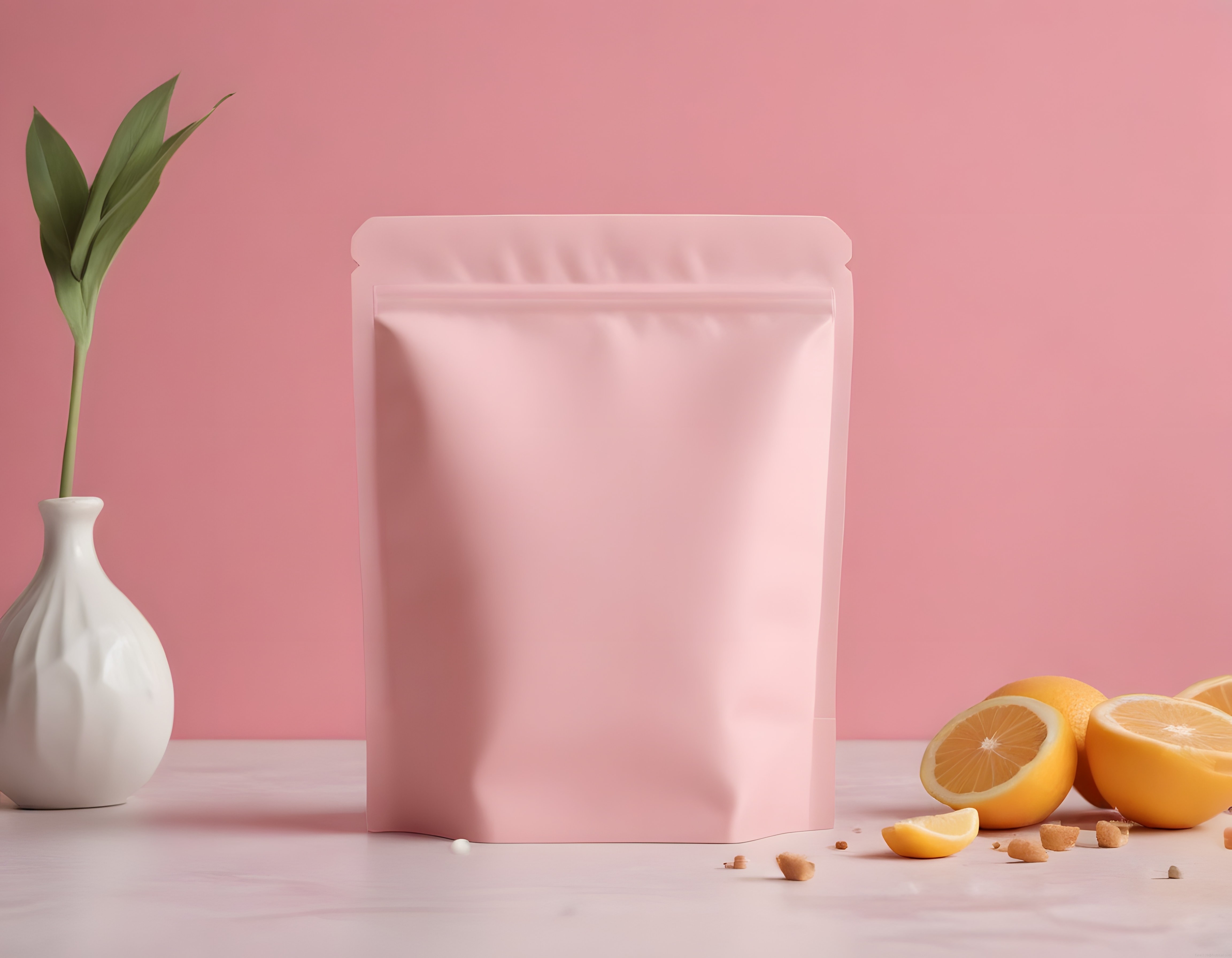 Pembe Arka Planda Limon ve Vazolu Boş Ambalaj Paketi Stok Görseli