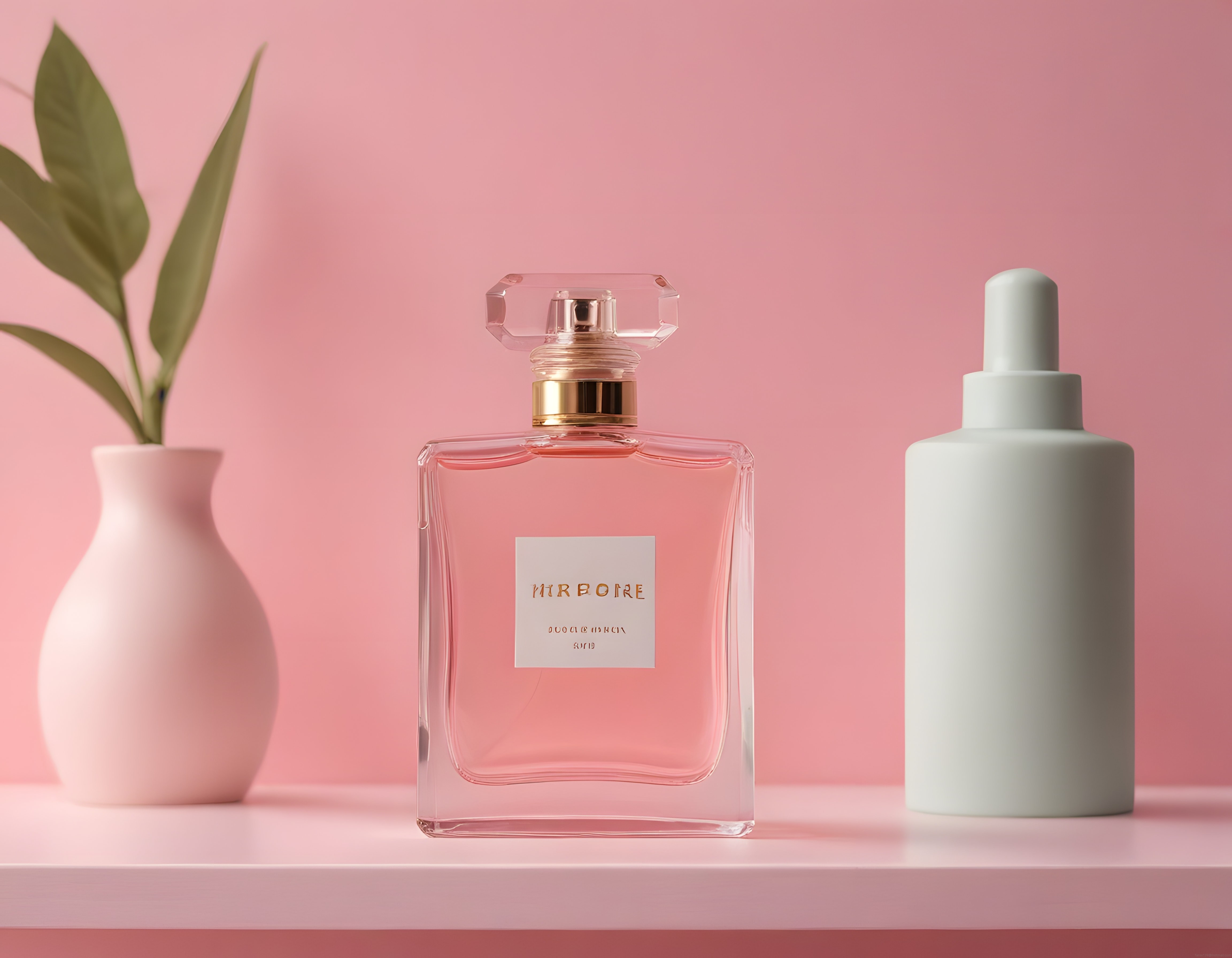 Pembe Arka Planda Lüks Kristal Parfüm Şişesi ve Minimal Kozmetik Ürünleri