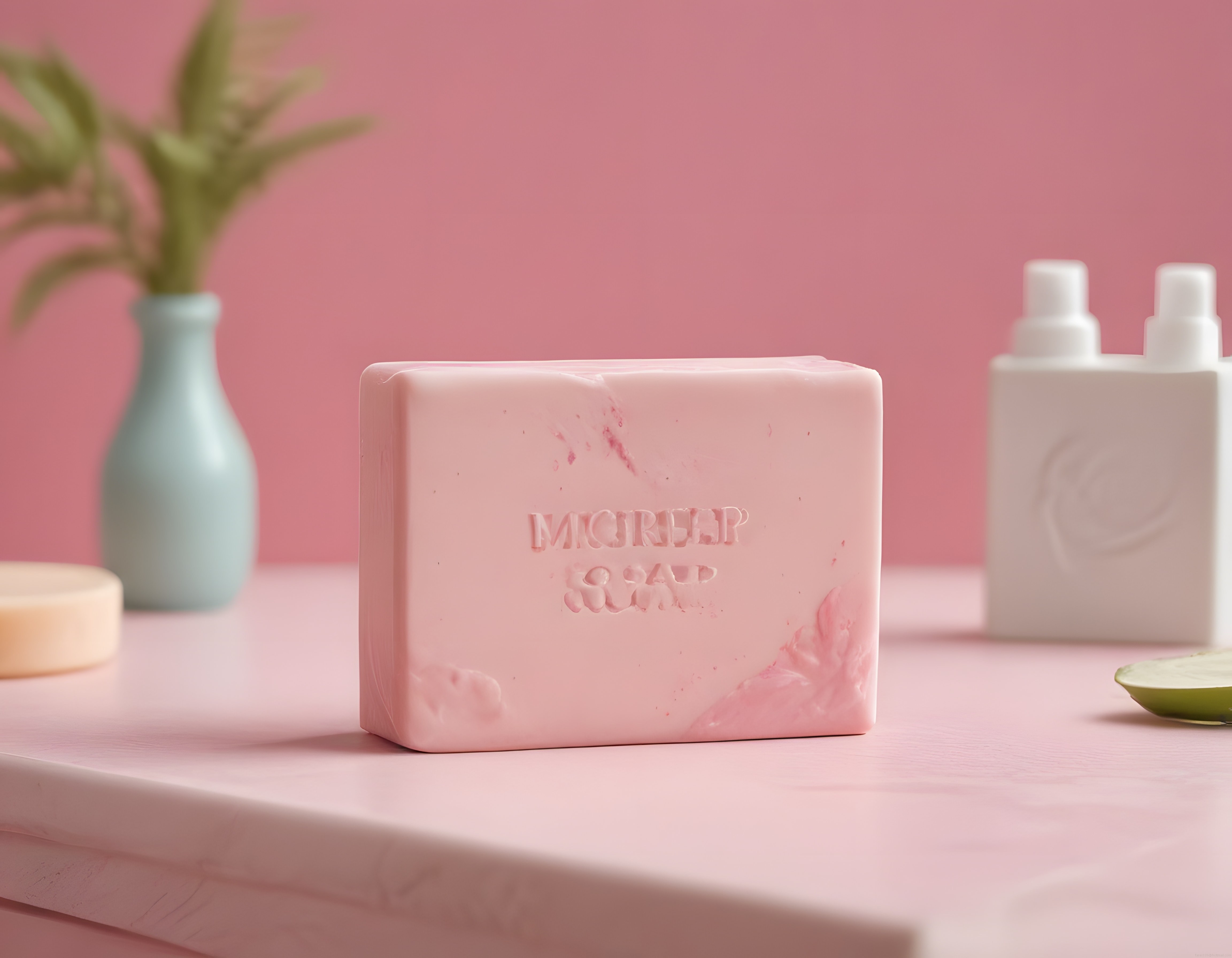Pembe Arka Planda Mermer Desenli El Yapımı Sabun Mockup Görseli