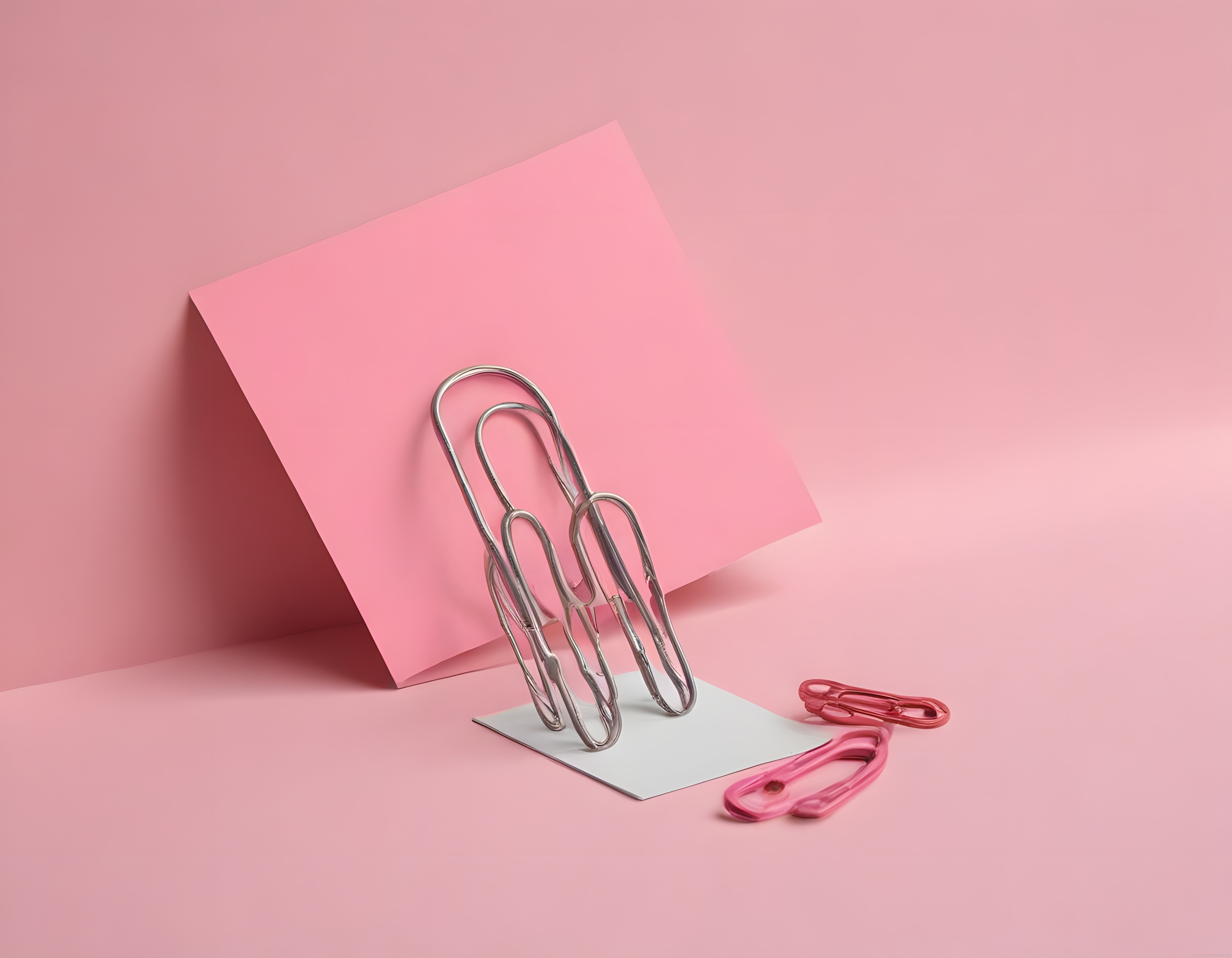 Pembe Arka Planda Metal ve Renkli Ataçlarla Minimalist Ofis Düzeni