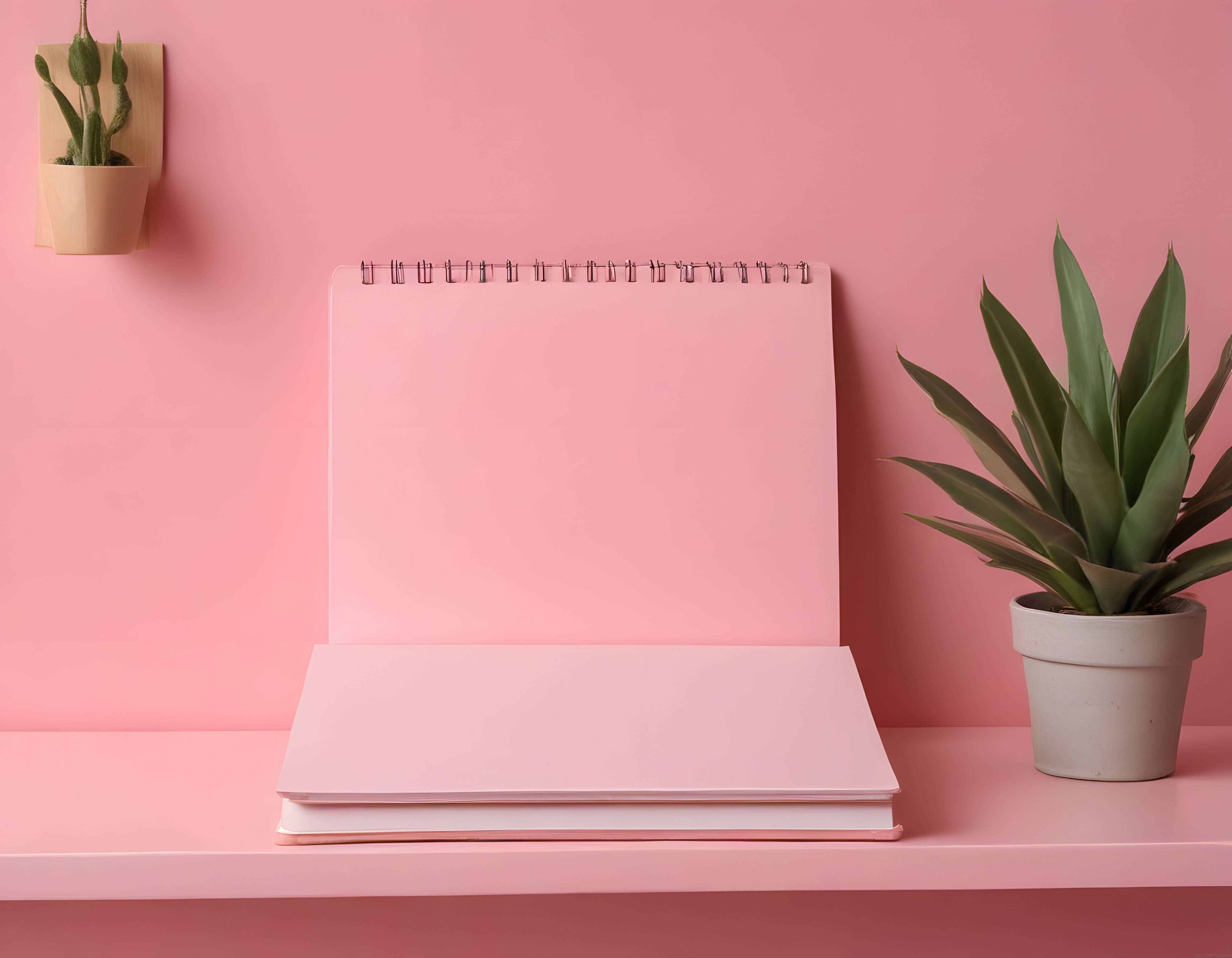Pembe Arka Planda Minimal Çalışma Alanı: Boş Spiral Defter ve Saksılı Bitki