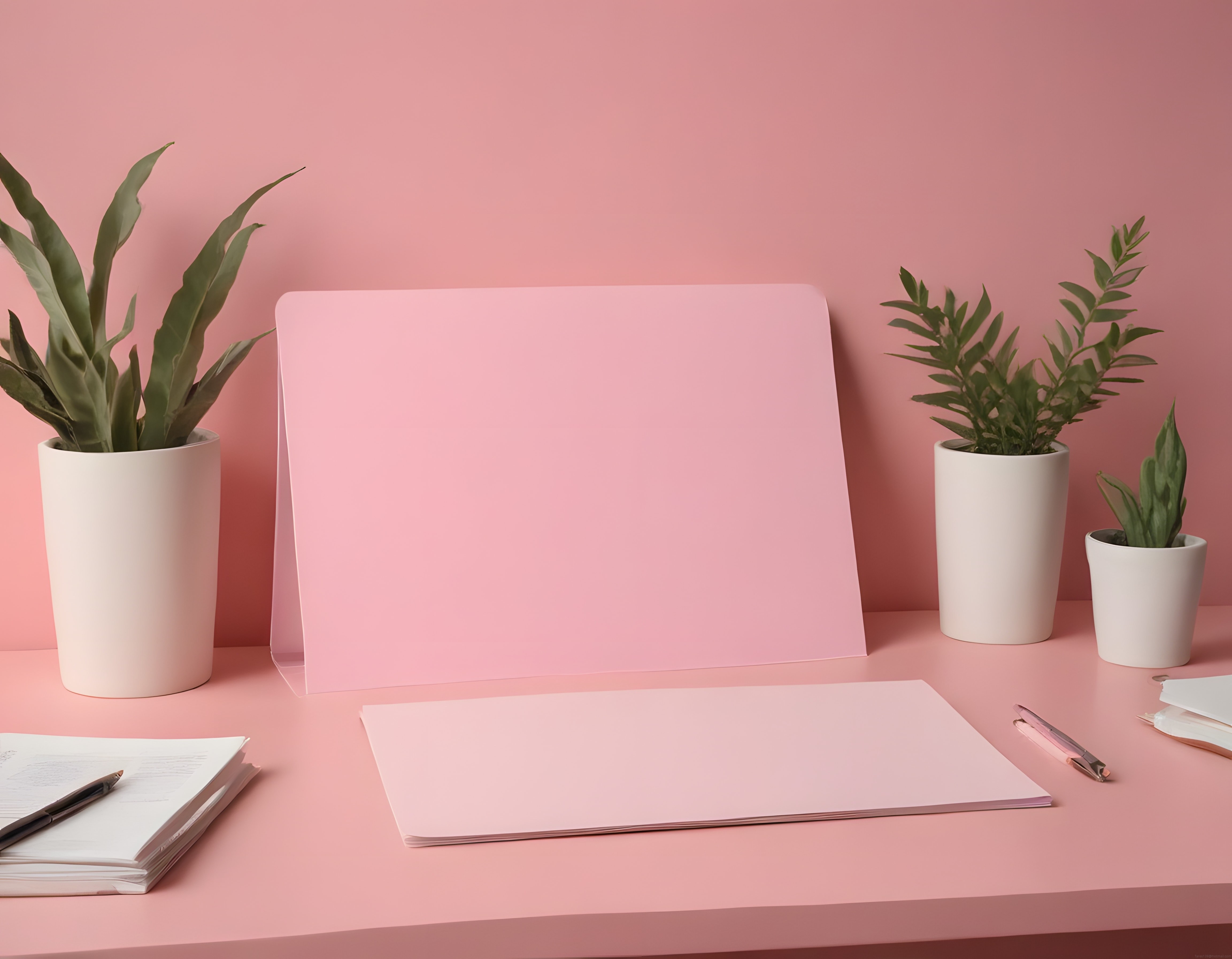 Pembe Arka Planda Minimal Çalışma Masası ve Dekoratif Saksı Bitkileri