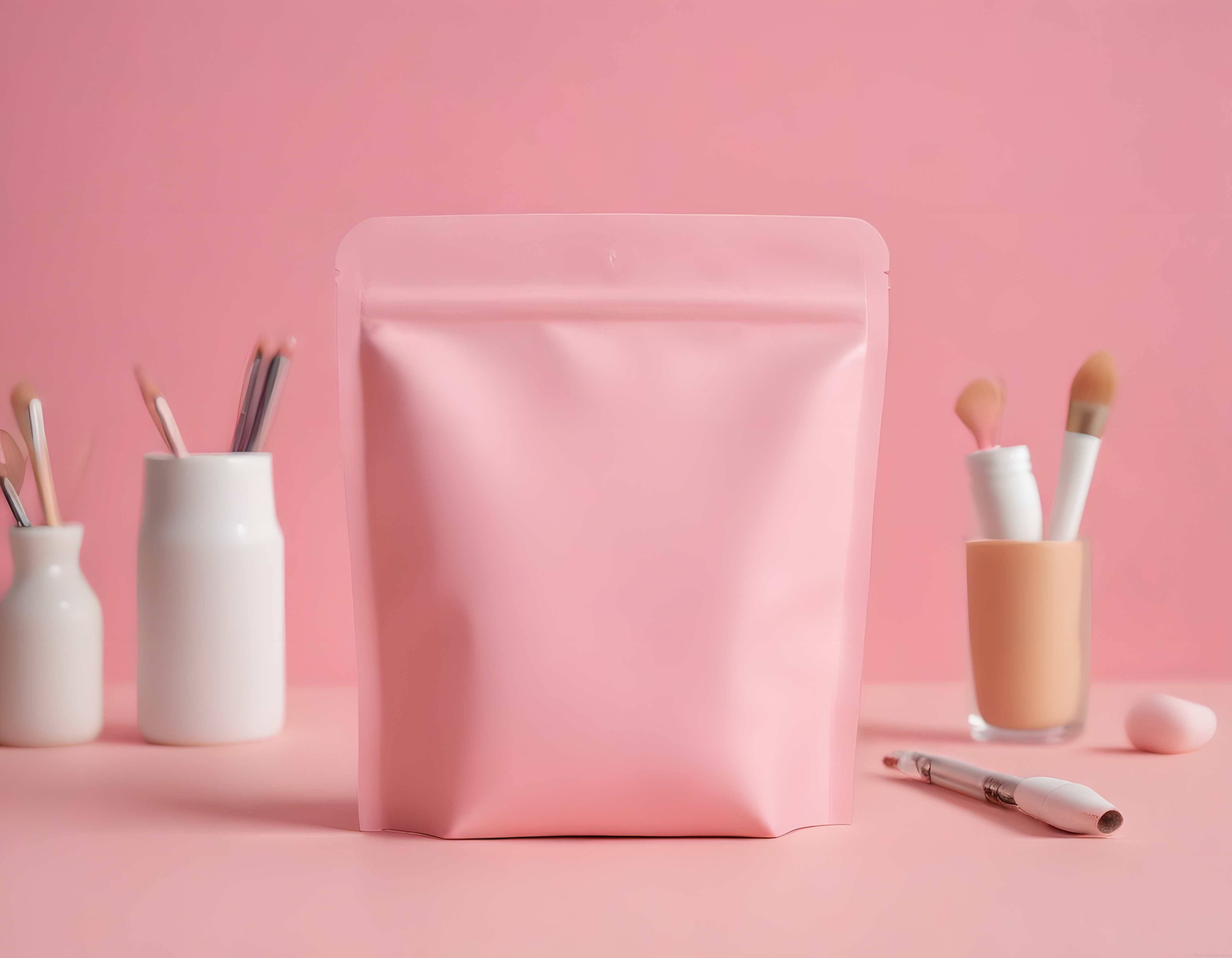 Pembe arka planda minimal kozmetik ürün ambalajı ve makyaj aksesuarları