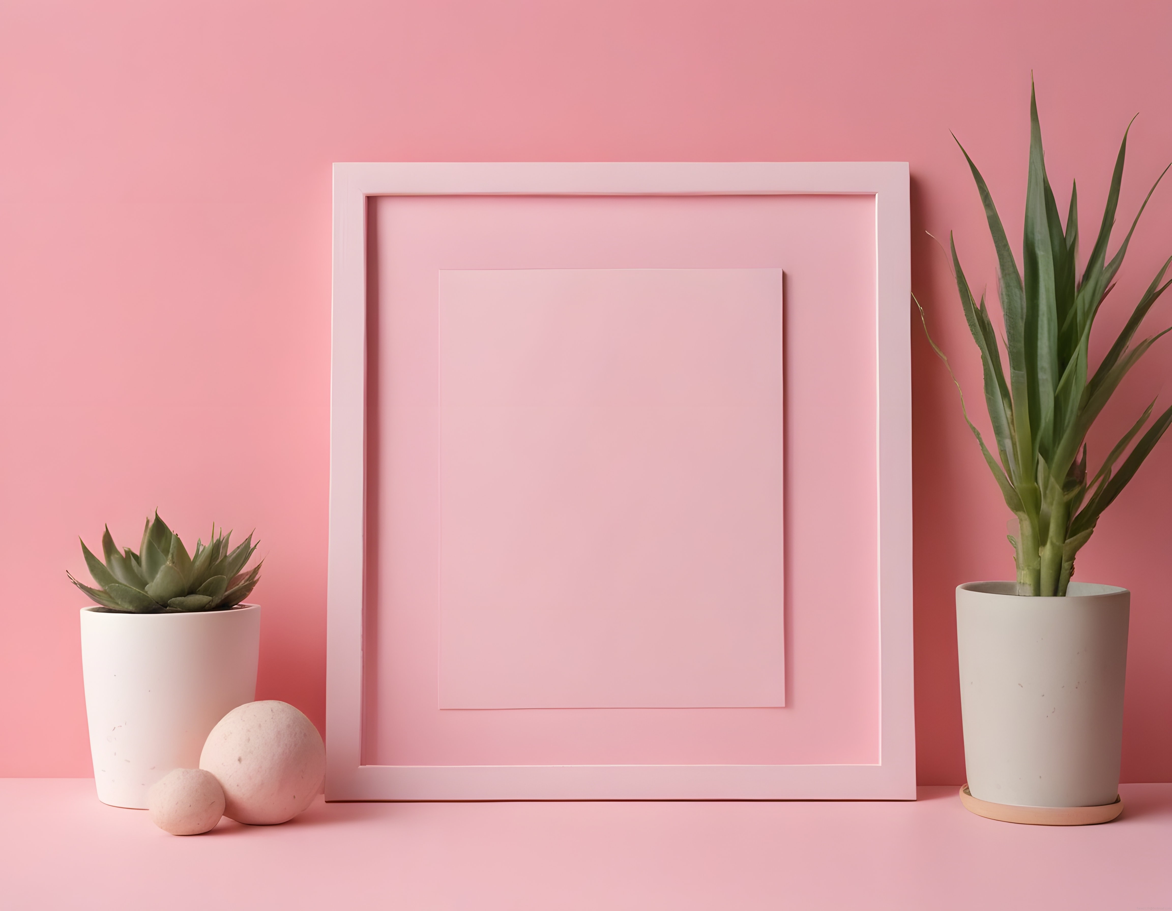 Pembe Arka Planda Minimalist Beyaz Çerçeve ve Sukulent Saksı Dekorasyonu