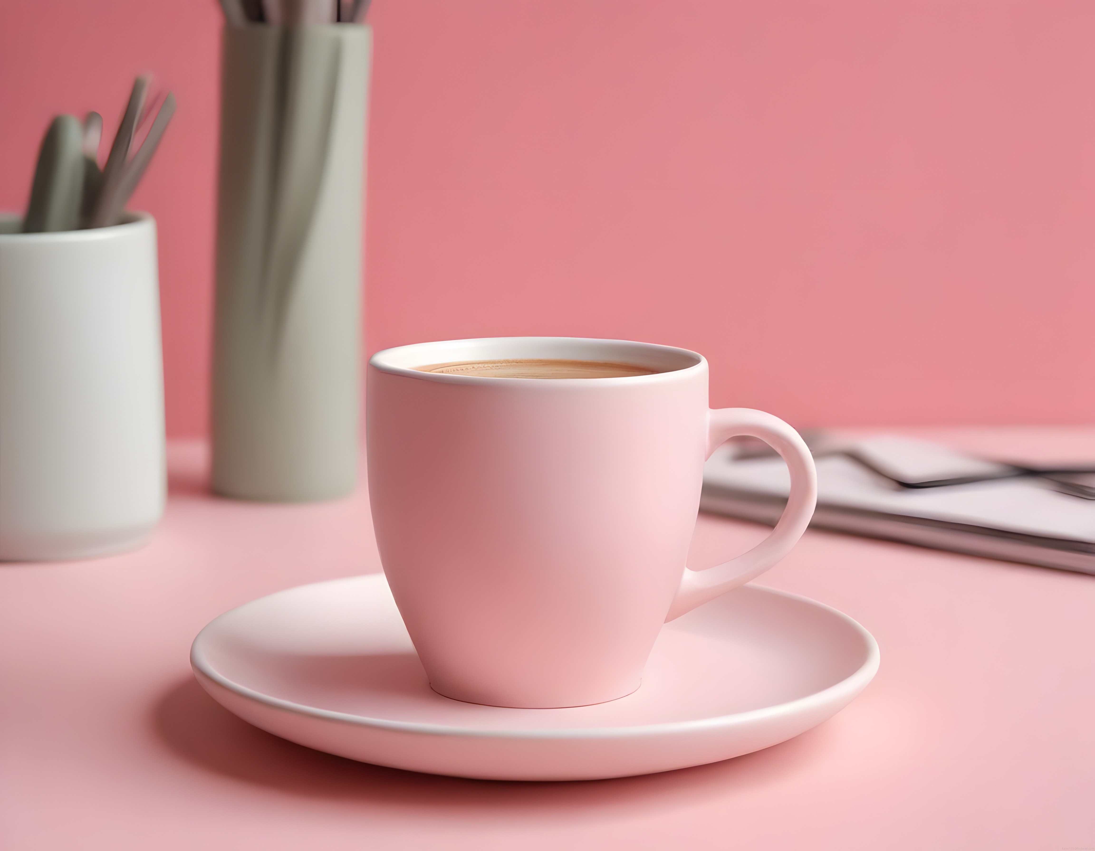 Pembe Arka Planda Minimalist Kahve Fincanı ve Tabak Stüdyo Çekimi