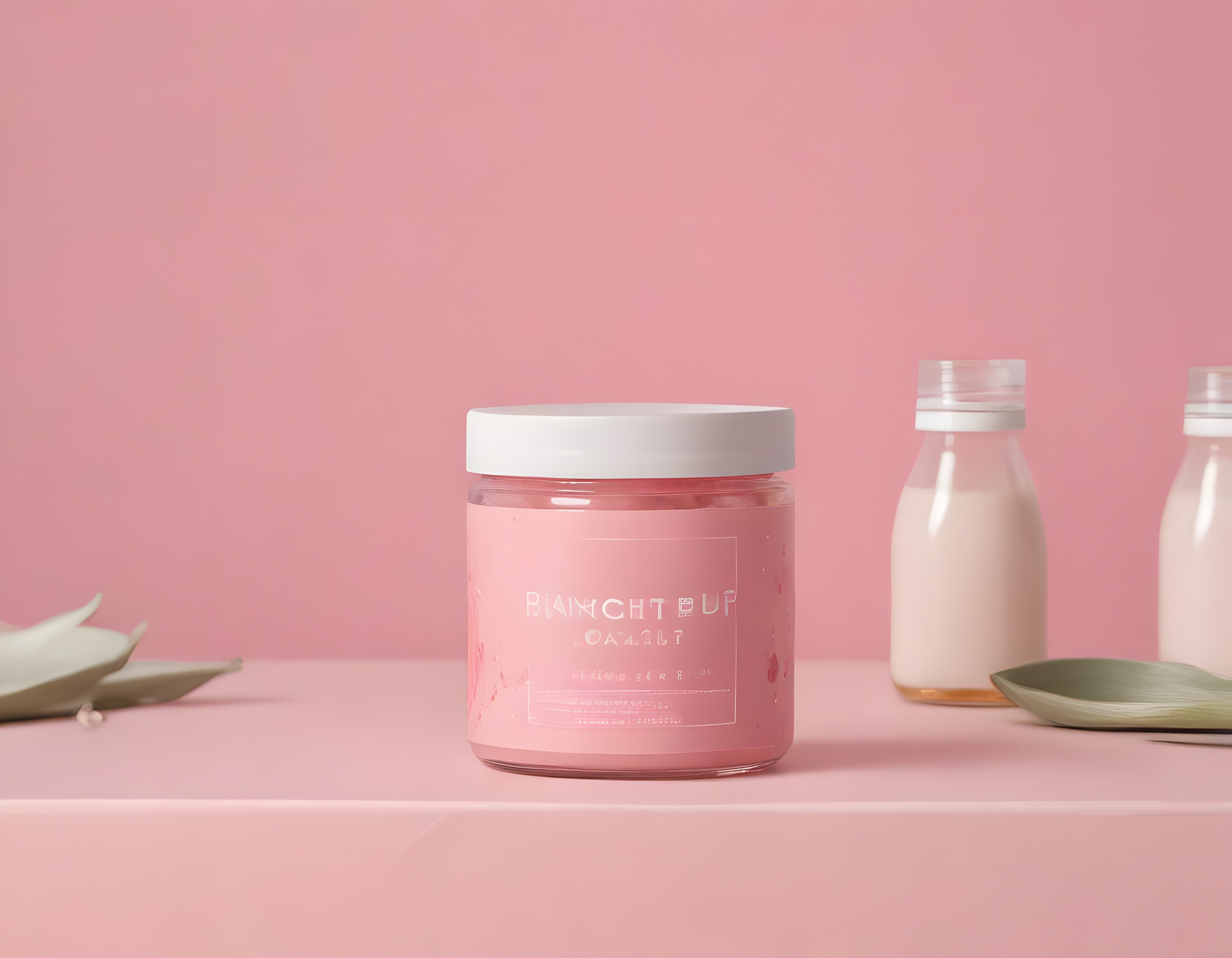 Pembe arka planda minimalist kozmetik kavanoz ve cilt bakım ürünleri