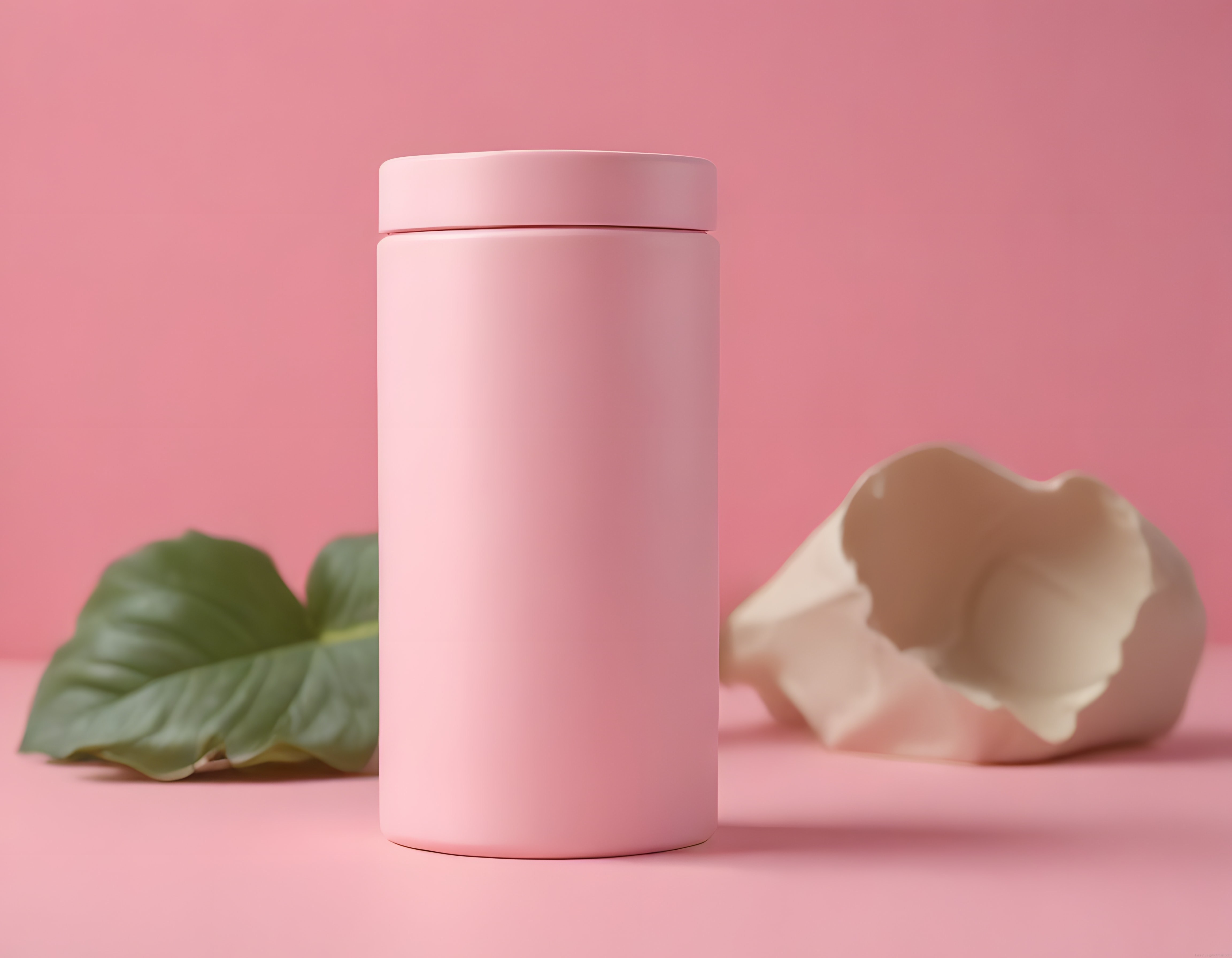 Pembe Arka Planda Minimalist Kozmetik Krem Şişesi ve Deniz Kabuğu Detayı