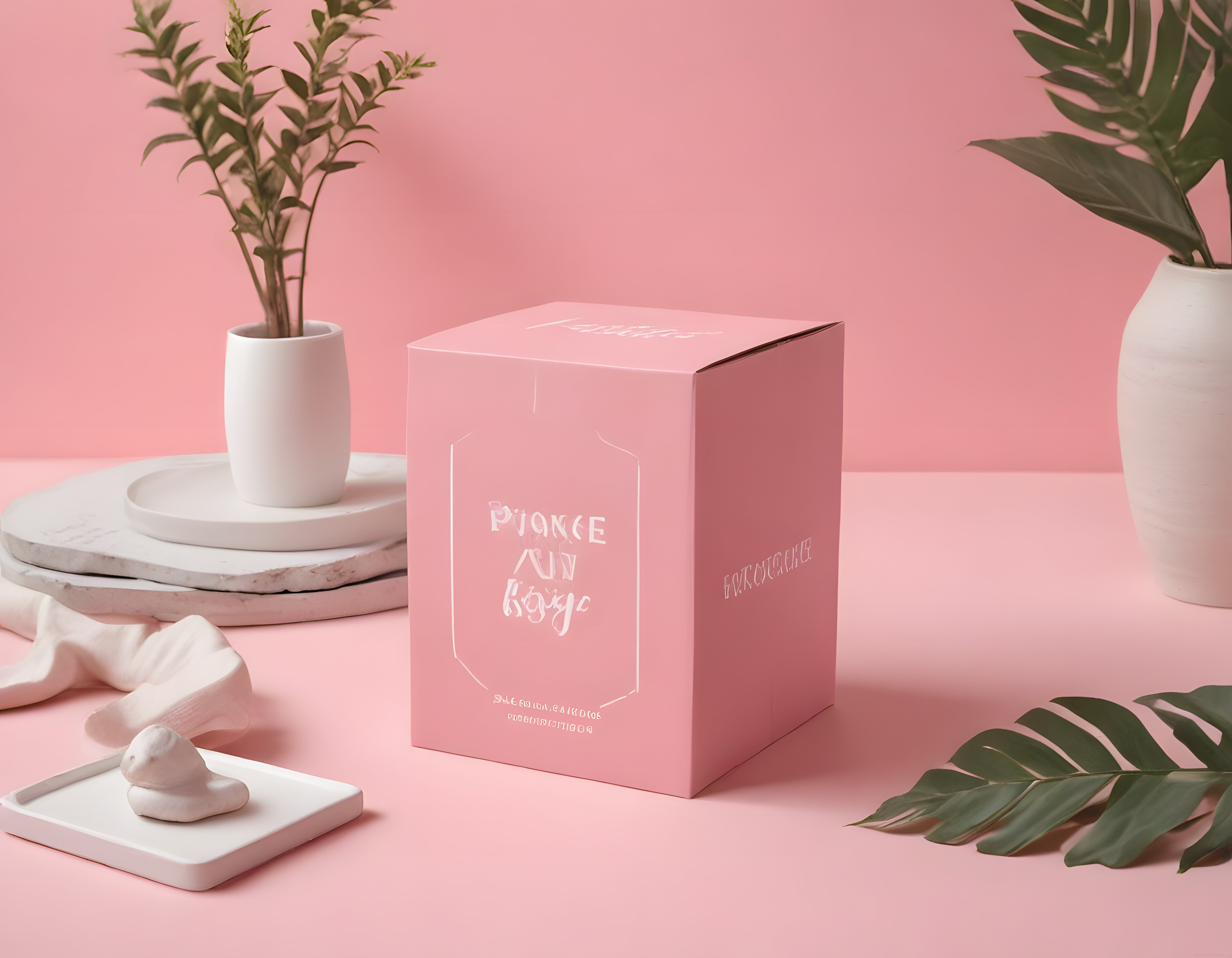 Pembe Arka Planda Minimalist Kozmetik Ürün Kutusu ve Dekoratif Saksı Düzenlemesi