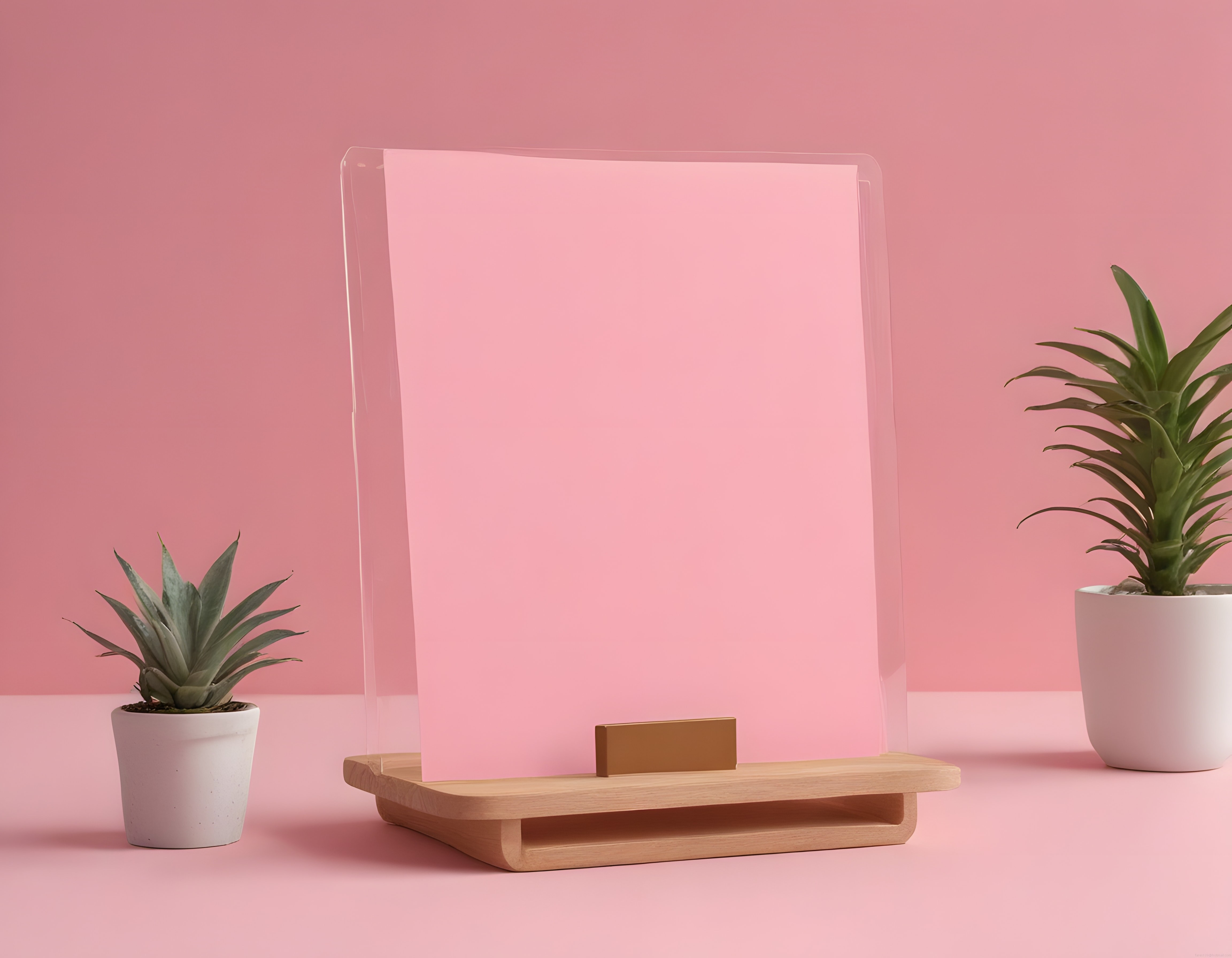 Pembe arka planda minimalist masa üstü dekor ve şeffaf pleksi çerçeve