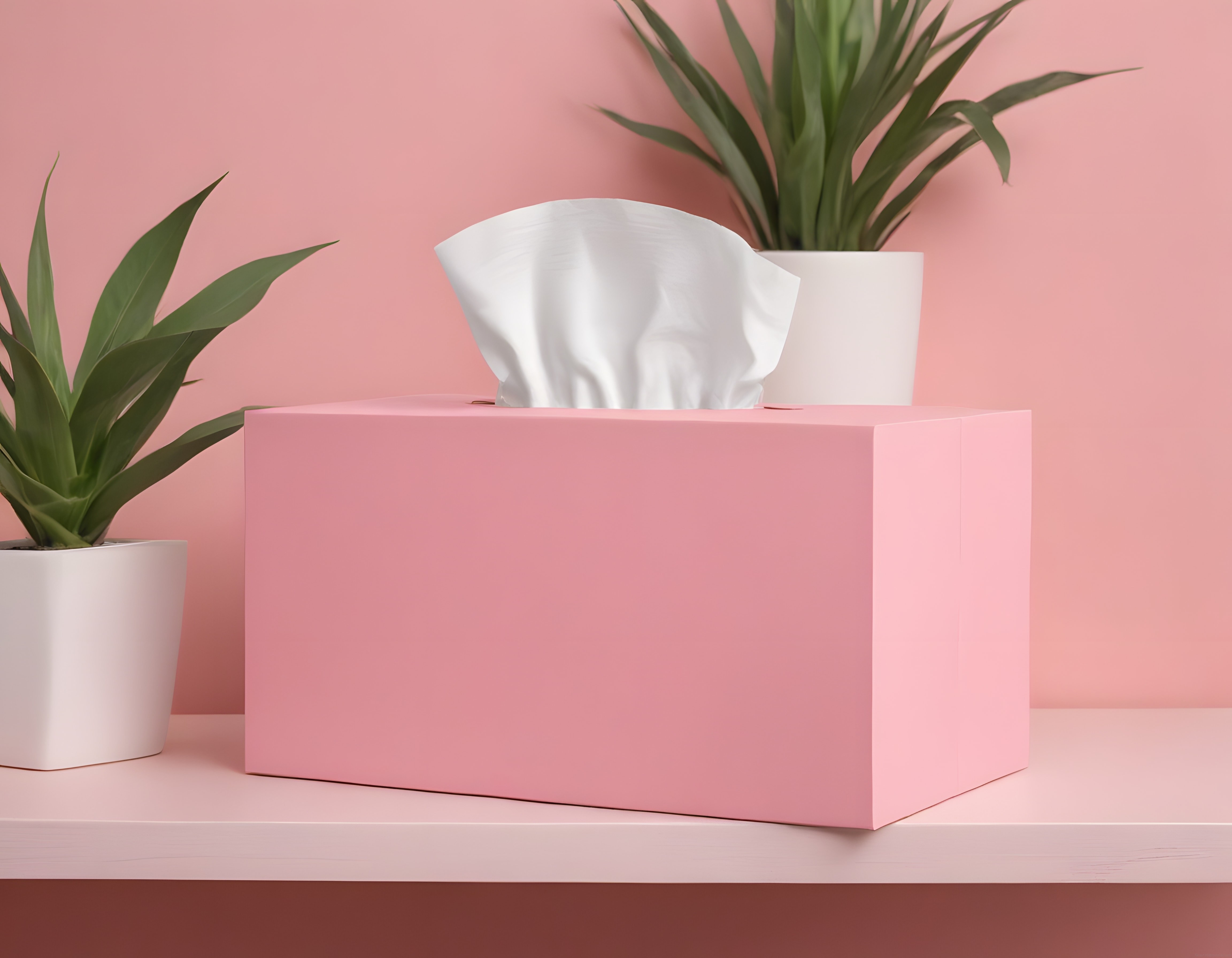 Pembe Arka Planda Minimalist Peçete Kutusu ve Yeşil Bitkilerle Dekorasyon