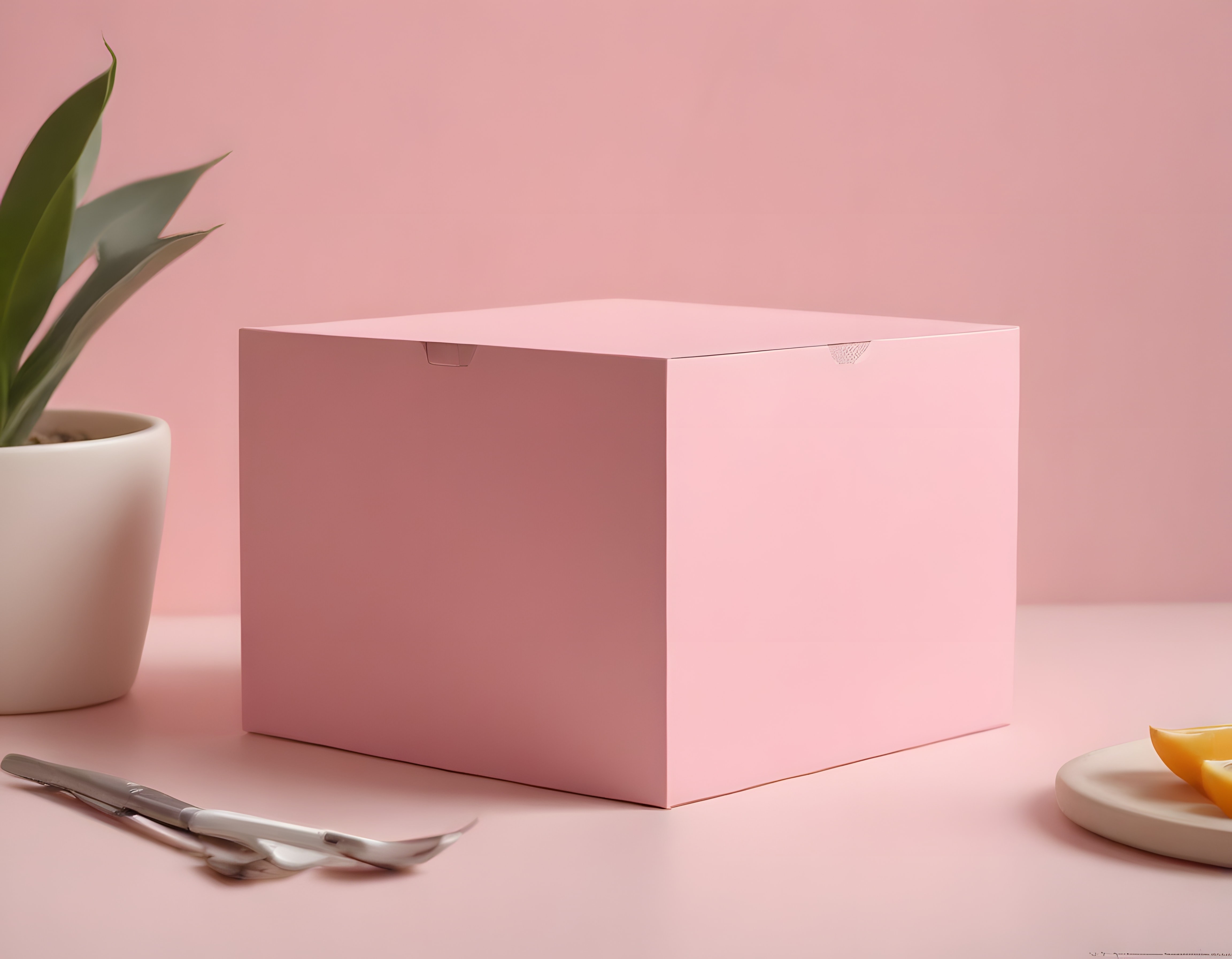 Pembe Arka Planda Minimalist Ürün Kutusu ve Dekoratif Obje Düzenlemesi