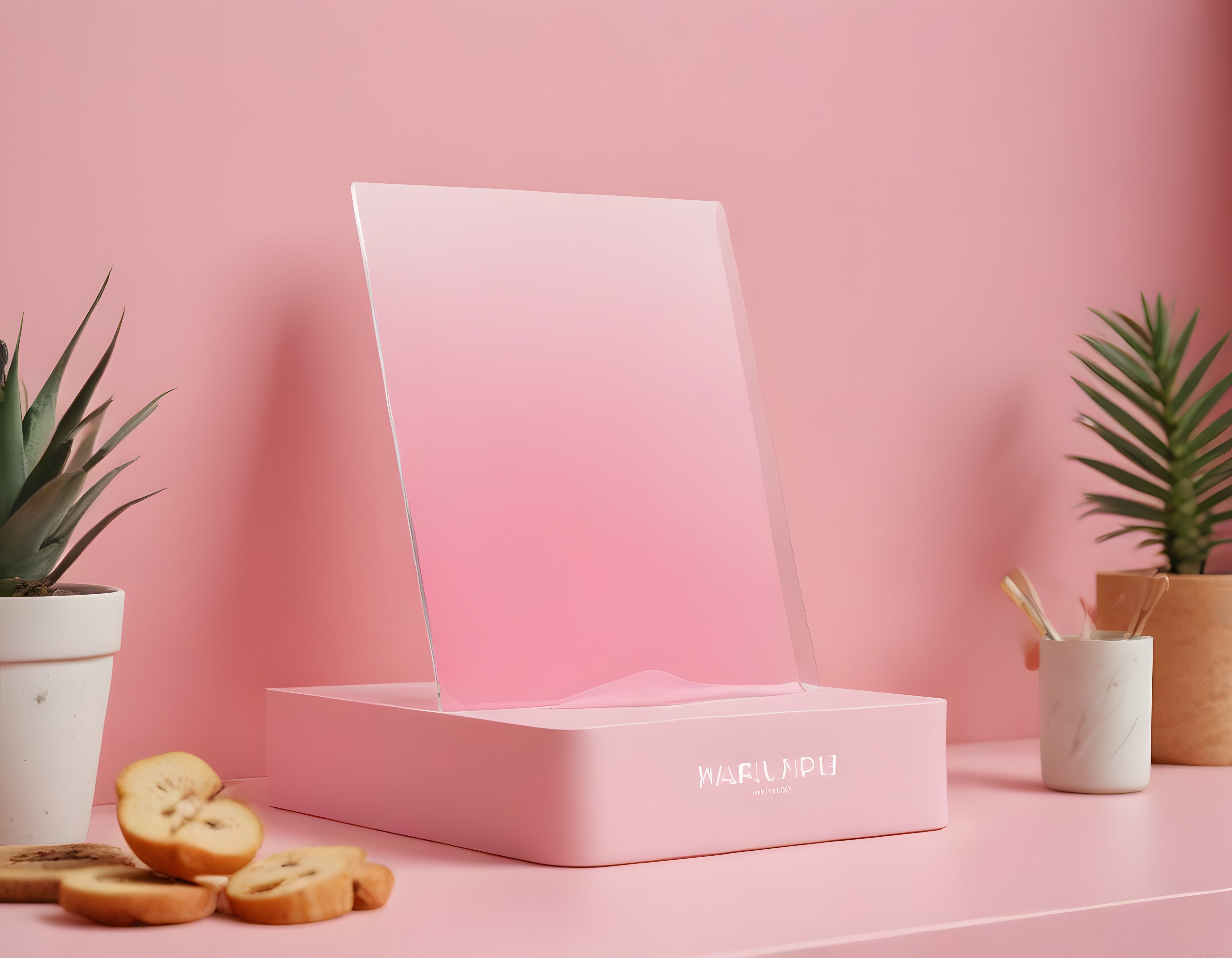 Pembe Arka Planda Minimalist Ürün Sunumu ve Doğal Dekoratif Detaylar