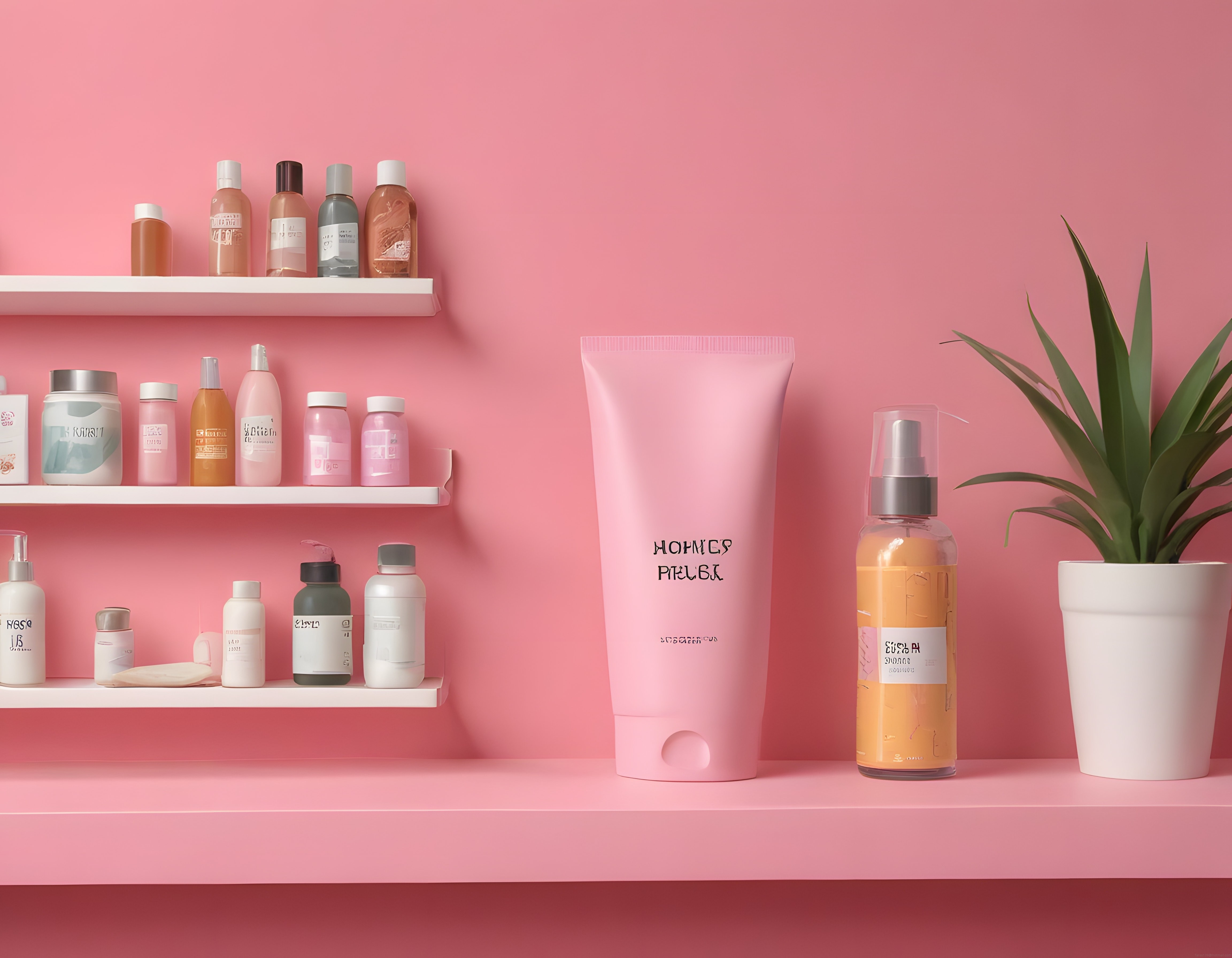 Pembe arka planda modern cilt bakım ürünleri ve minimalist kozmetik sergileme