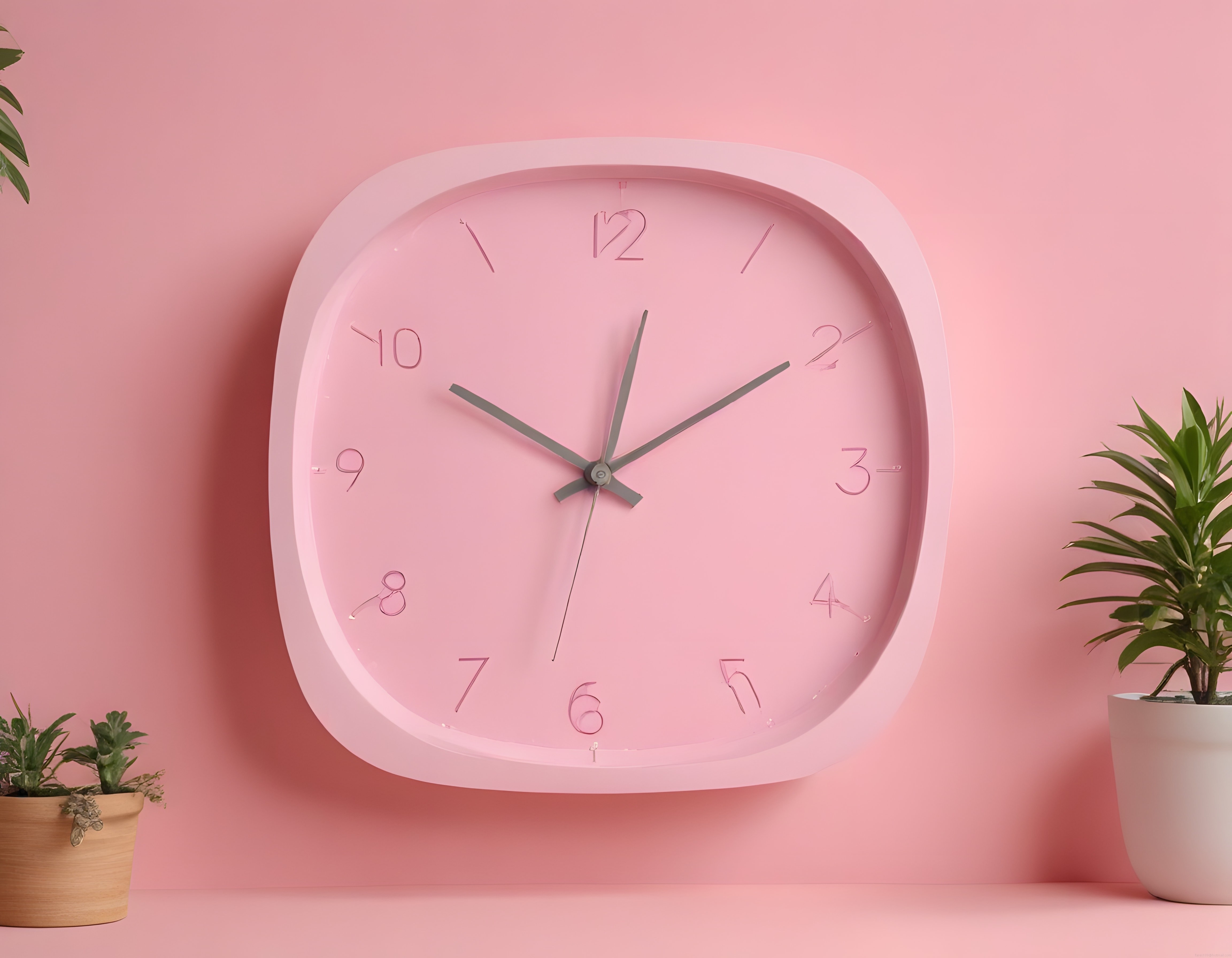 Pembe arka planda modern duvar saati ve dekoratif salon bitkileri