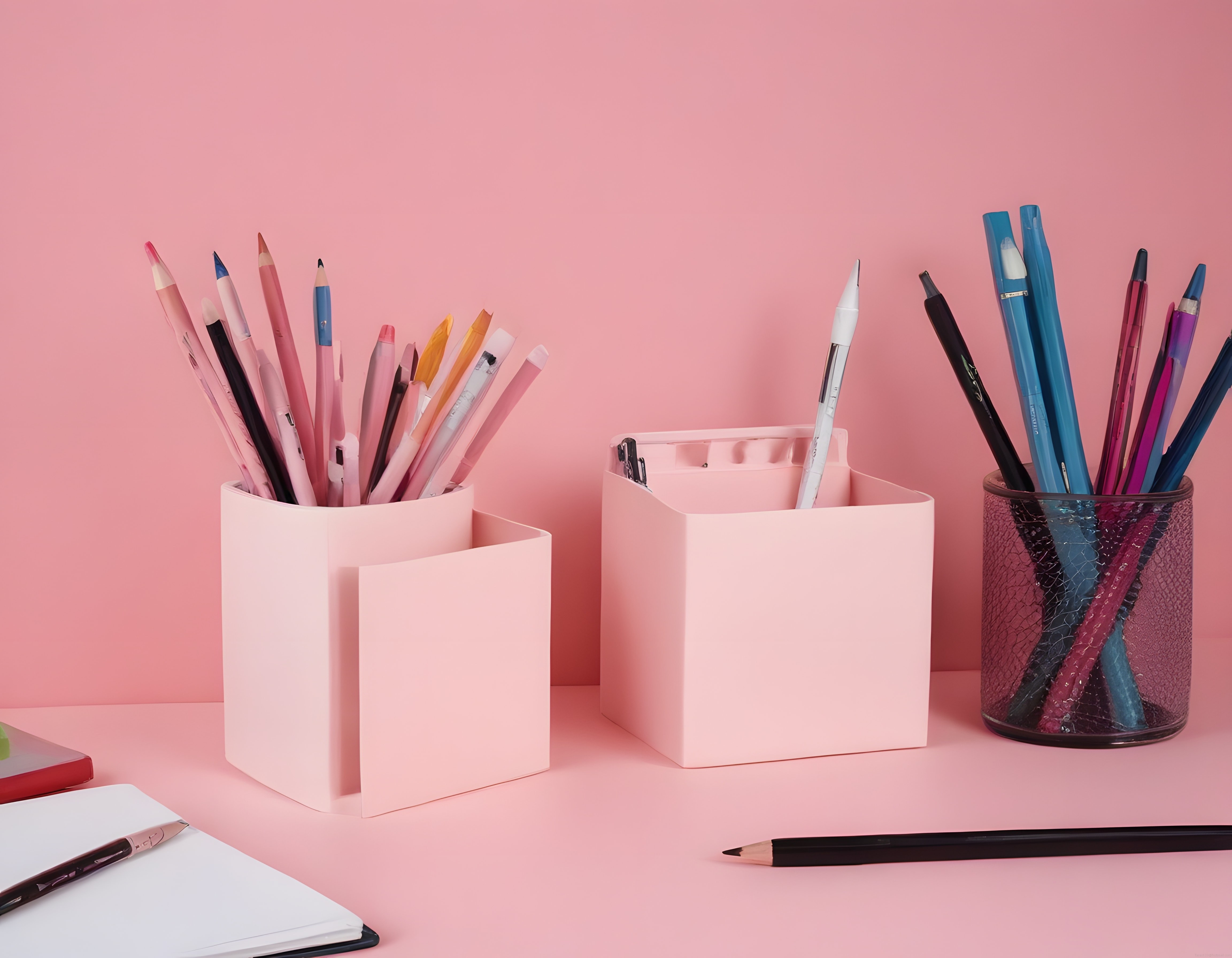 Pembe Arka Planda Modern Kırtasiye Düzenleyiciler ve Renkli Çizim Kalemleri