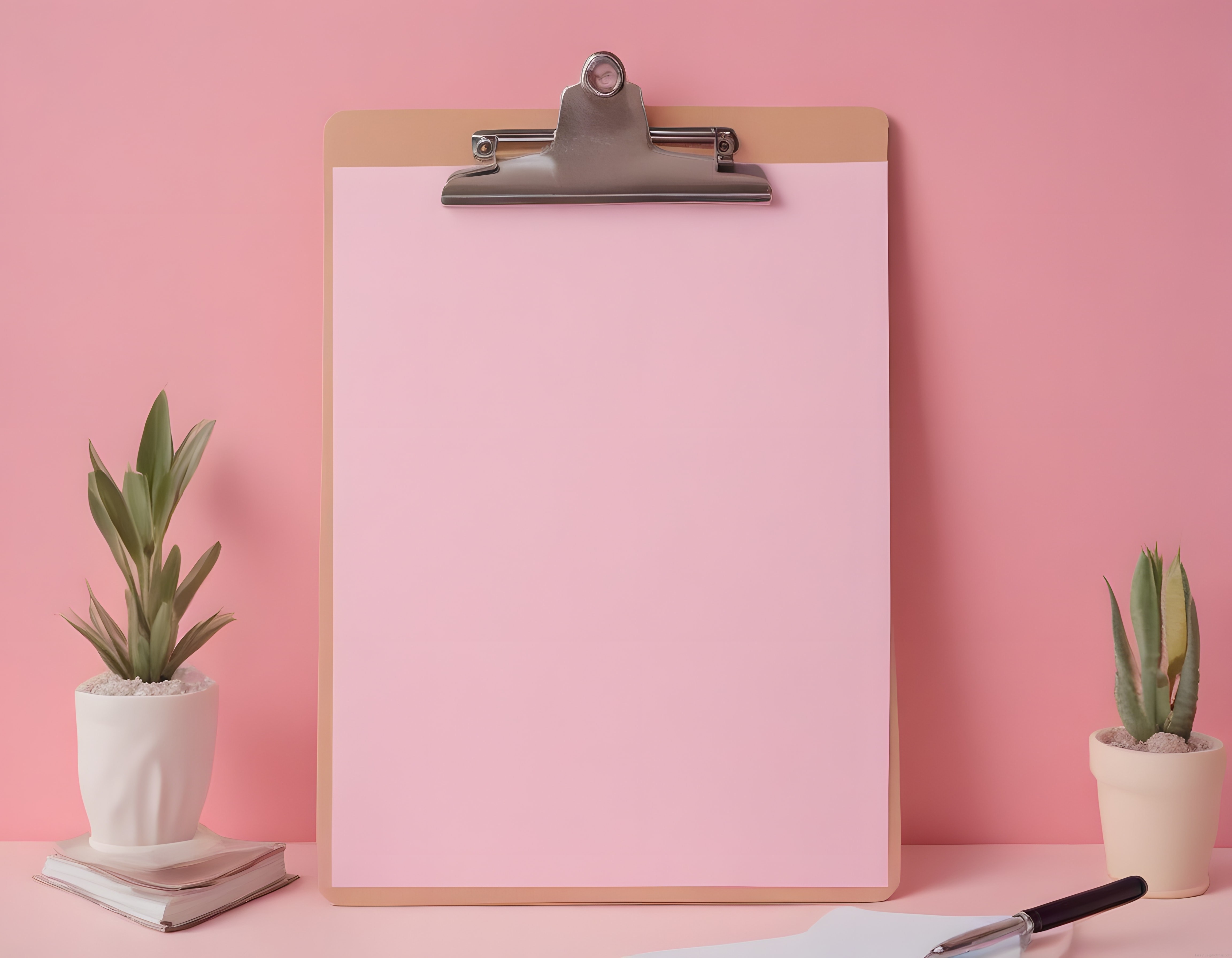 Pembe Arka Planda Not Panosu ve Sukulentlerle Minimalist Organizasyon