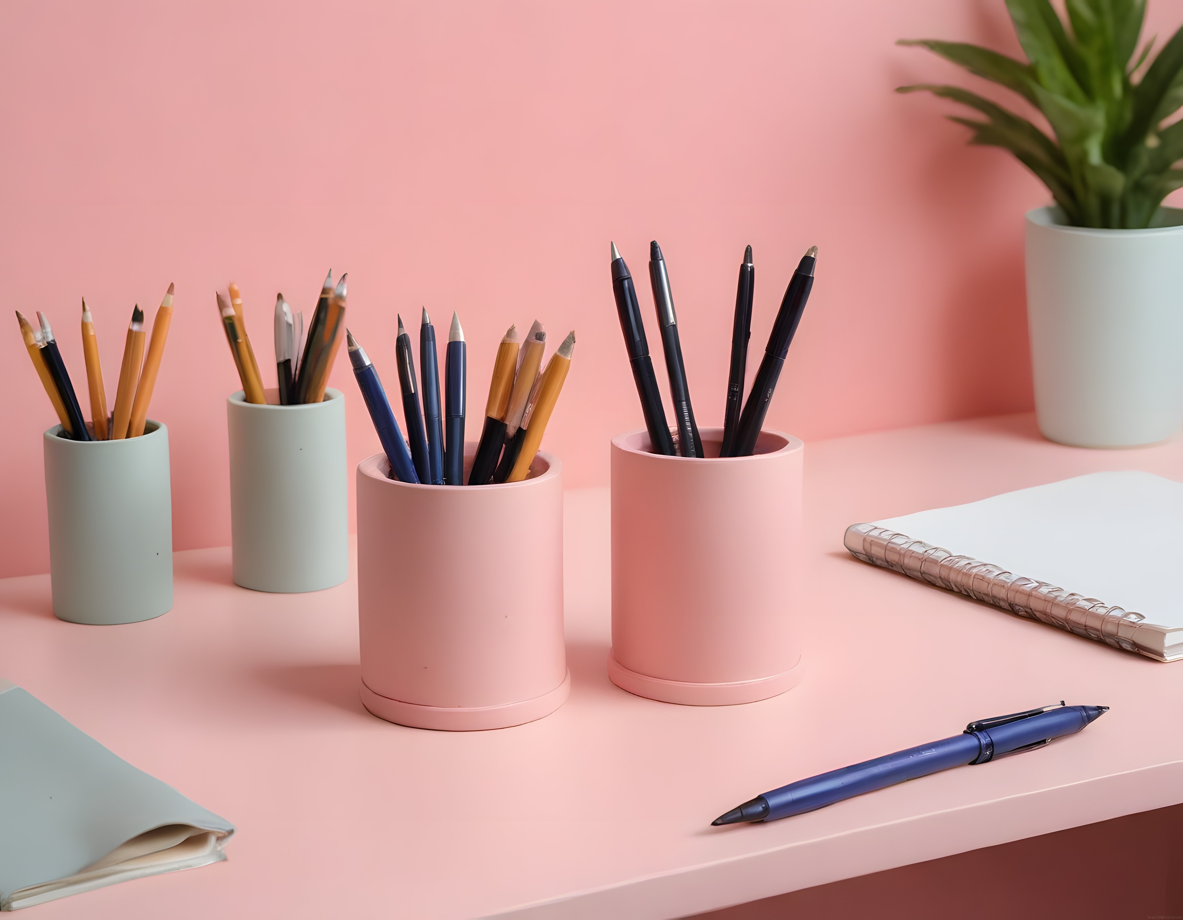 Pembe Arka Planda Pastel Kalemlikler ve Düzenli Çalışma Masası Düzeni