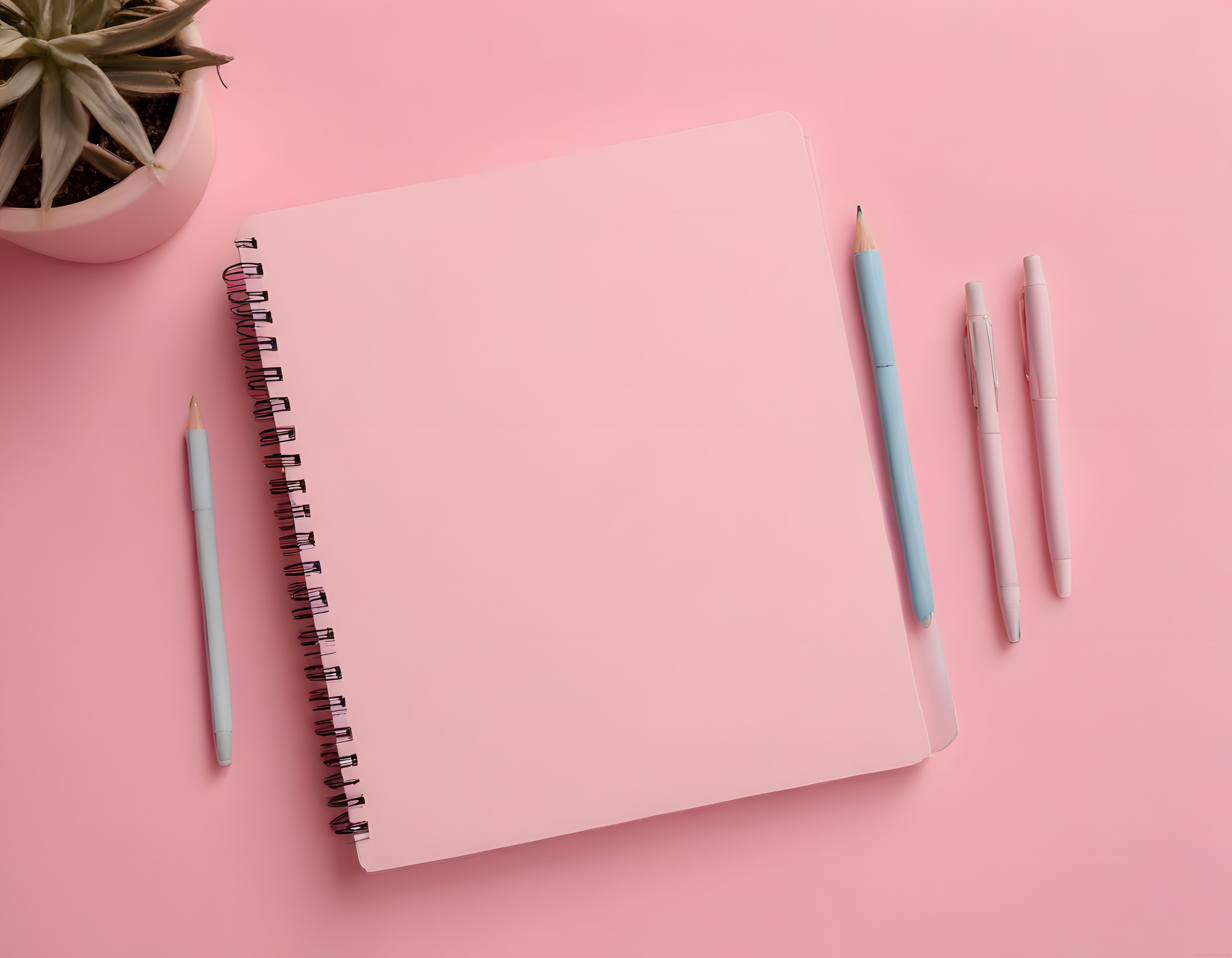 pembe arka planda pastel kırtasiye düzeni spiralli defter ve kalem seti