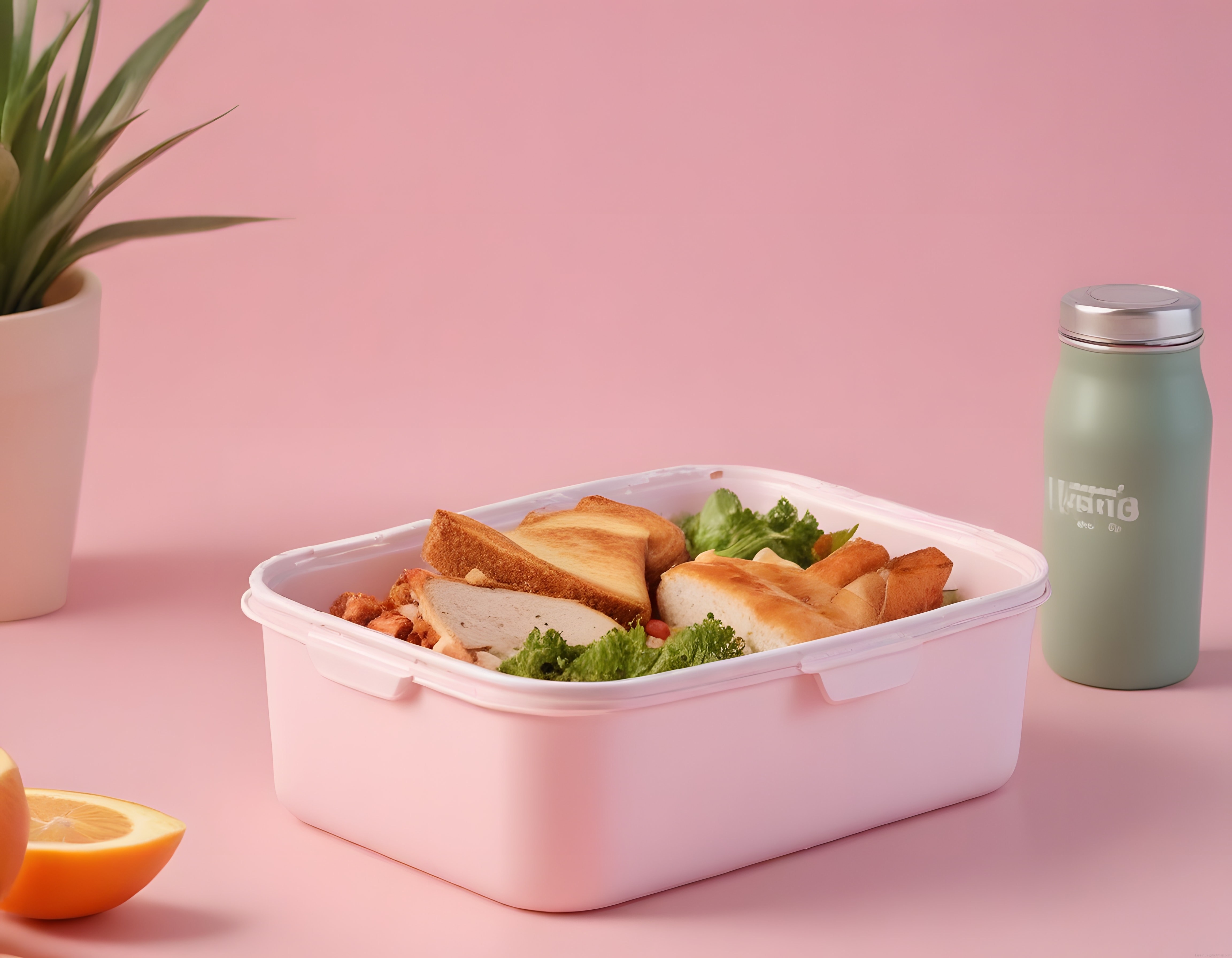 Pembe arka planda pastel renklerde sağlıklı beslenme kabı kahvaltı sunumu