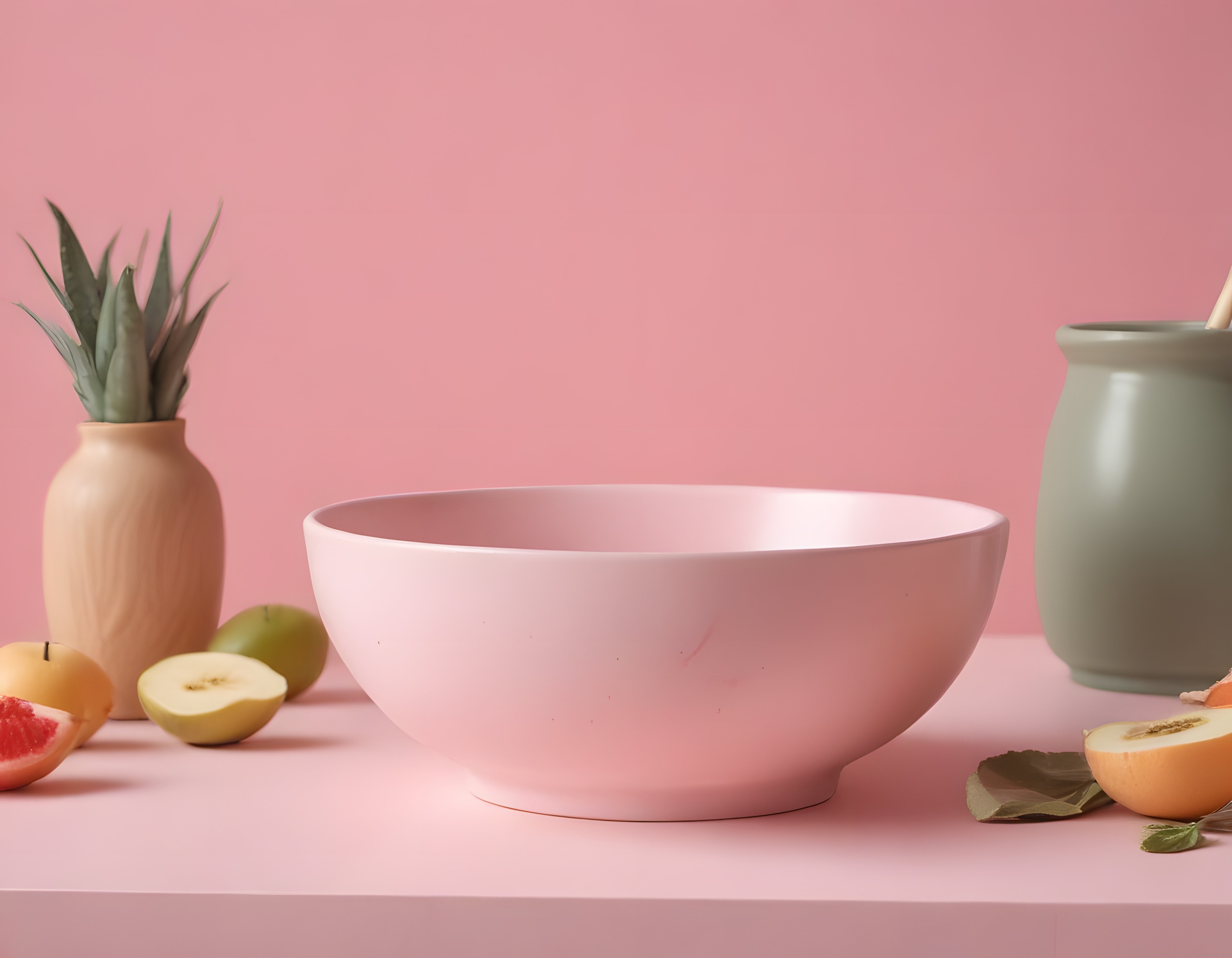 Pembe arka planda pastel seramik kase ve meyveli minimalist dekorasyon