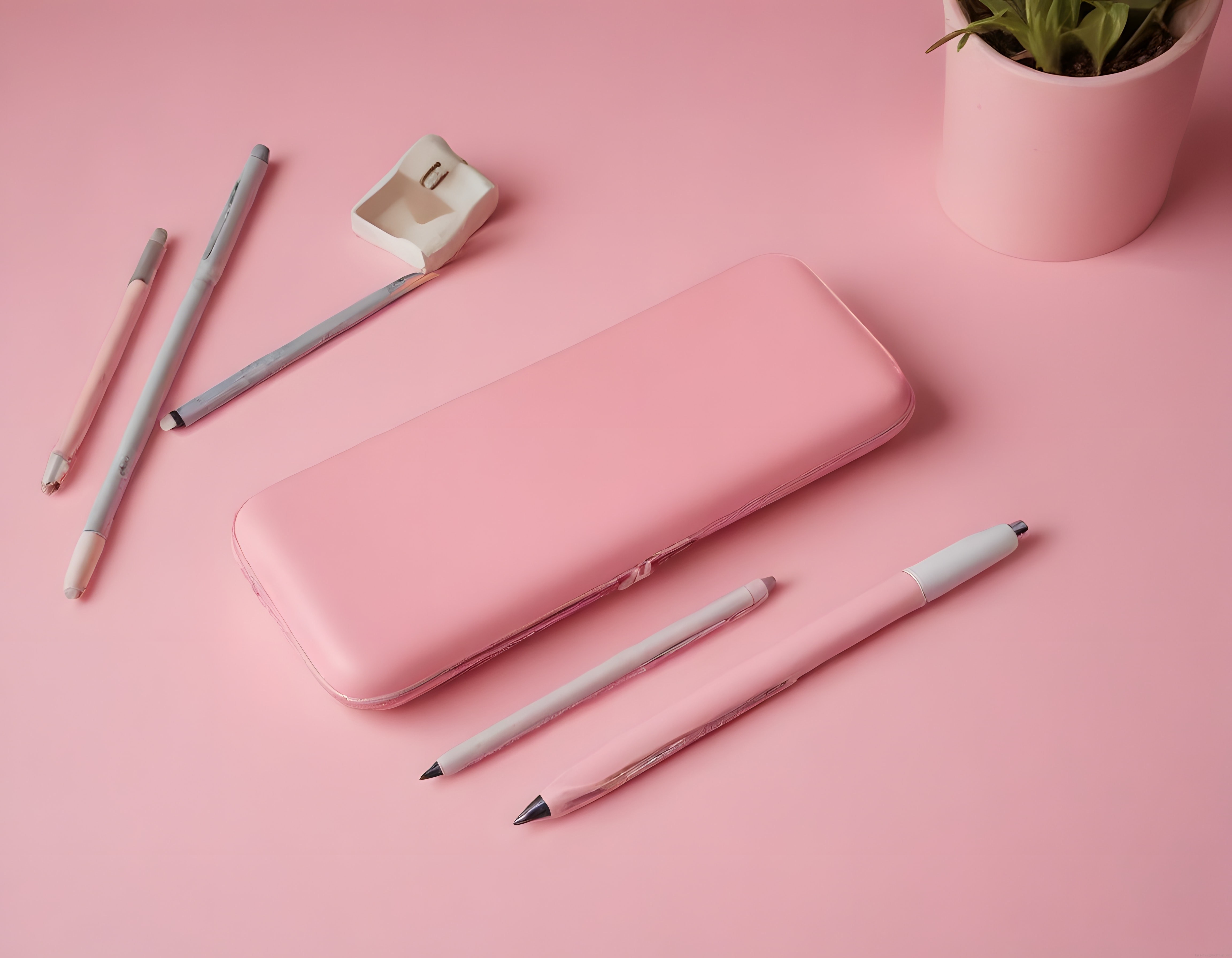 Pembe Arka Planda Pastel Tonlarda Kırtasiye Malzemeleri ve Kalem Kutusu Düzeni