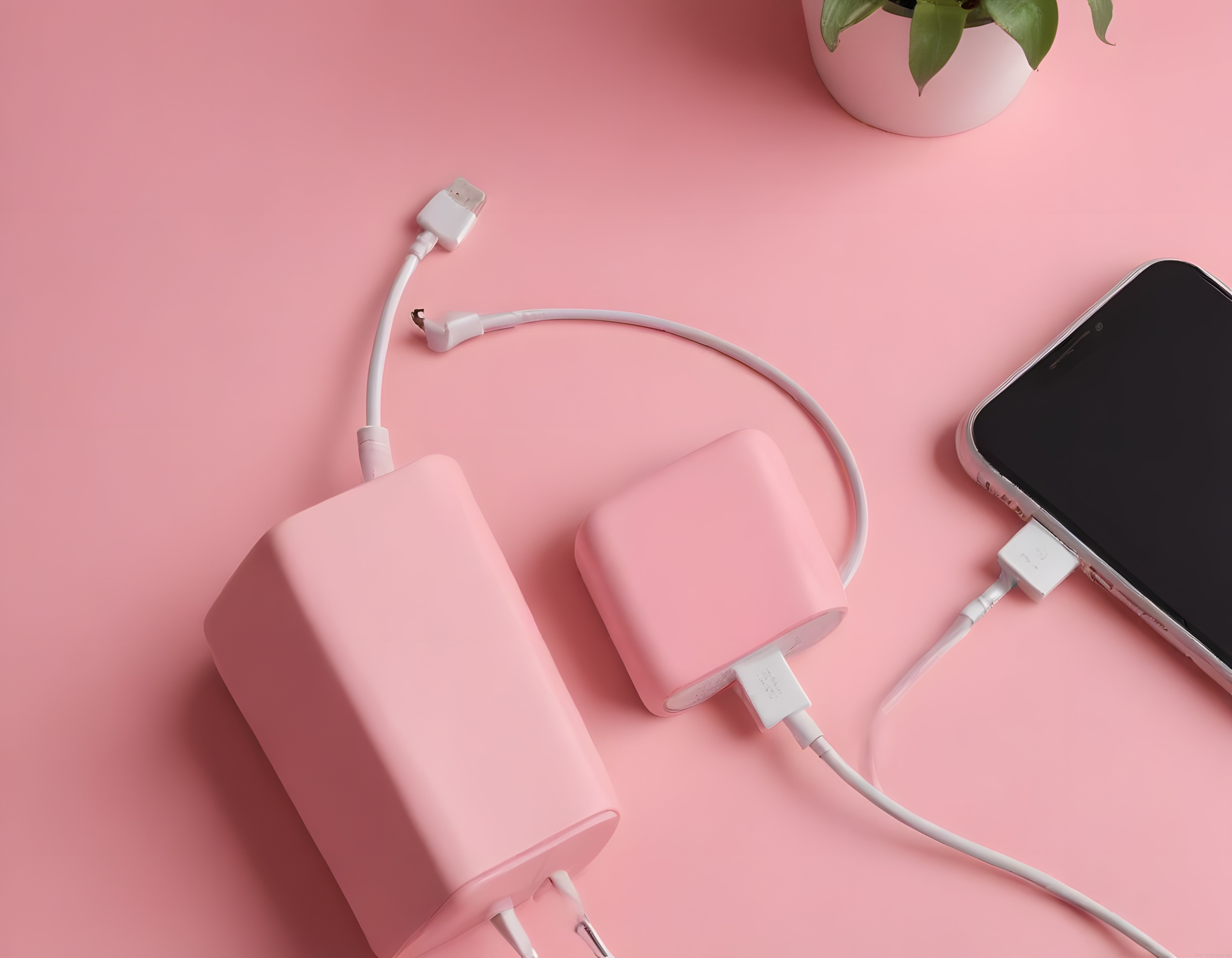 Pembe Arka Planda Powerbank, Şarj Aleti ve Akıllı Telefon Aksesuarları