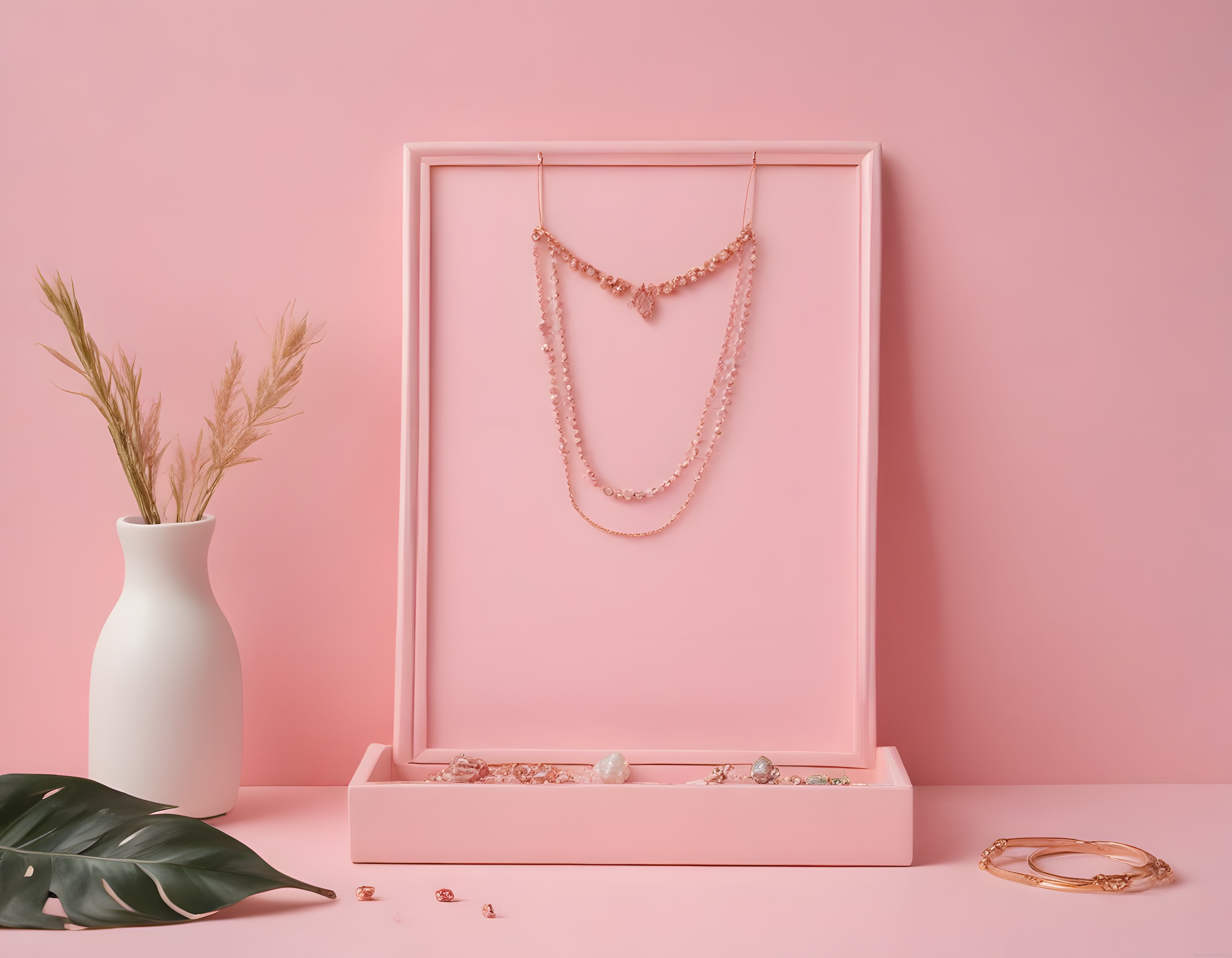 Pembe Arka Planda Rose Gold Takılar ve Doğal Detaylarla Aksesuar Vitrini